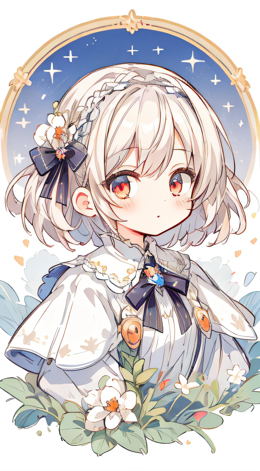 (Masterpiece, Best quality:1.2), illustration, absurderes, A high resolution, Extremely detailed, 1 ***********s, with short white hair, Red eyes, eyes highlights, dress, puffy short sleeves, frilld, Outdoors, flower, Fluttering petals, Upper body, (Moon:1.2), Night, Depth of field, (:D:0.8),（Black pantyhose）