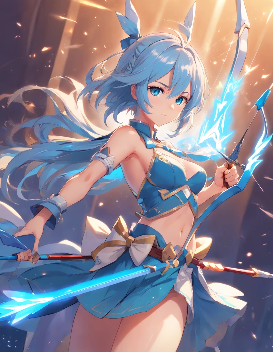 nsfw,(Bare breasts, Reasonable design, Clear lines, High Sharpness,Best Quality, Very detailed, masutepiece, Movie Light Effects, 4K )tmasterpiece,hight resolution,best qualtiy,1girl solo,A closeup of a woman,With a bow in your hand, 2D,anime fantasy artwork,whaite hair,Blue eyes and blue streamer,Wearing armor with blue as the main color,Bow and Arrow Pose,foot up in the air,anime big breast,quadratic element,2D