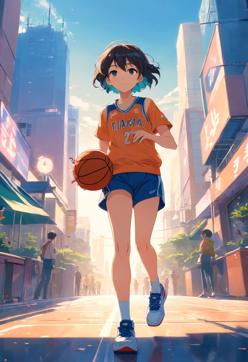 ((foto crua)), ((obra-prima)), Anthropomorphic humanoid frog wearing basketball clothes, basketball tennis, caminhando furiosamente entre as pessoas, detalhe intrincado, intricate Greebles pieces, city behind, corpo musculoso, muscular arms, small head, Ogro monstruoso, Titan, sneaker, soft-lighting, 32k, Hiper realista, The background details are exquisite,The scene is surreal,Create a charming graphic style