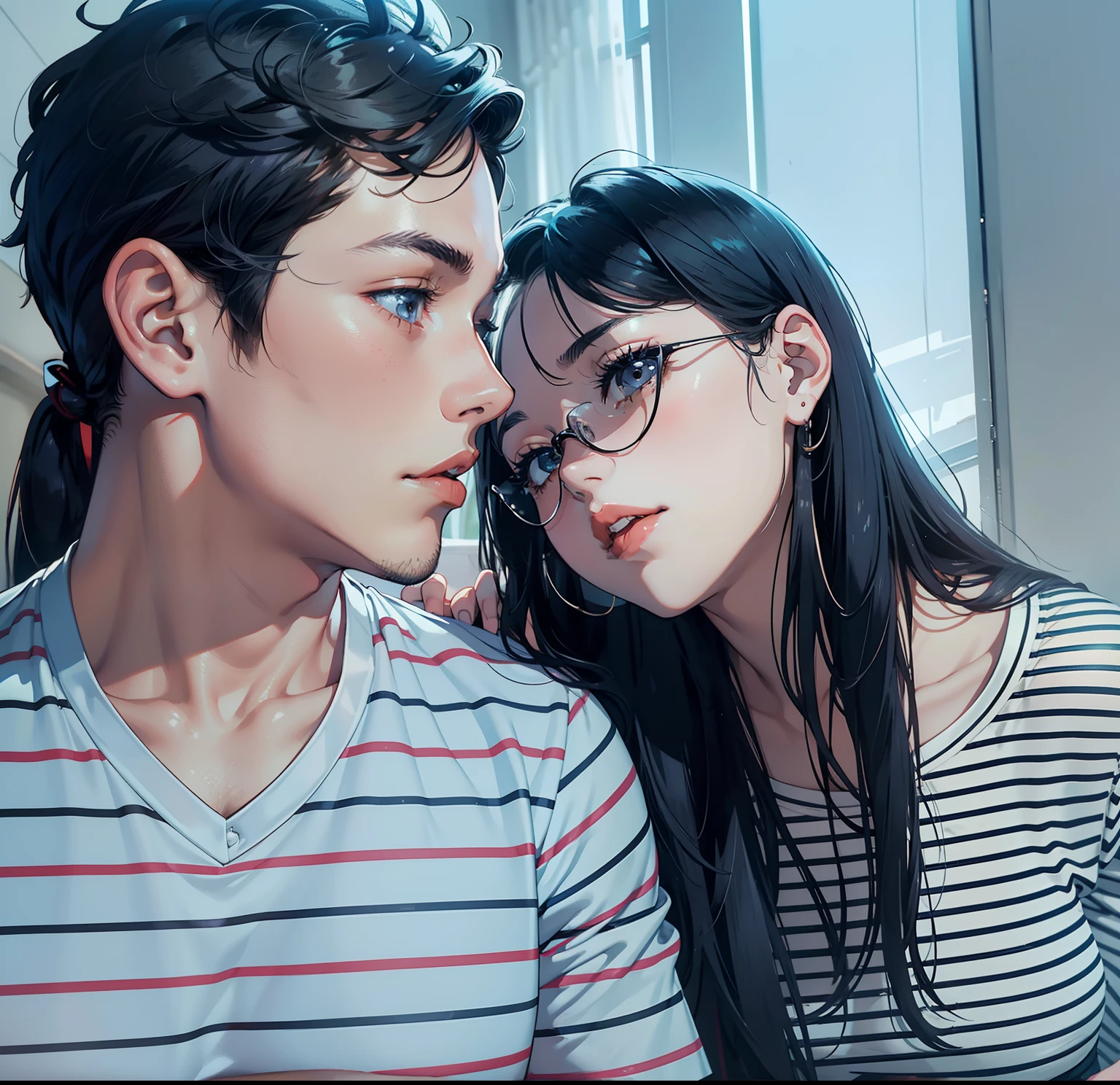 top-quality masterpiece Male and female couples Girl sitting on a chair wearing a tight skirt over a blouse。Boys hugging each other from behind。Boys wearing high school long pants uniforms with mash cut hairstyles。Without glasses、Revenge relationship, hot kids, sexy girl, big breasts, hot boys