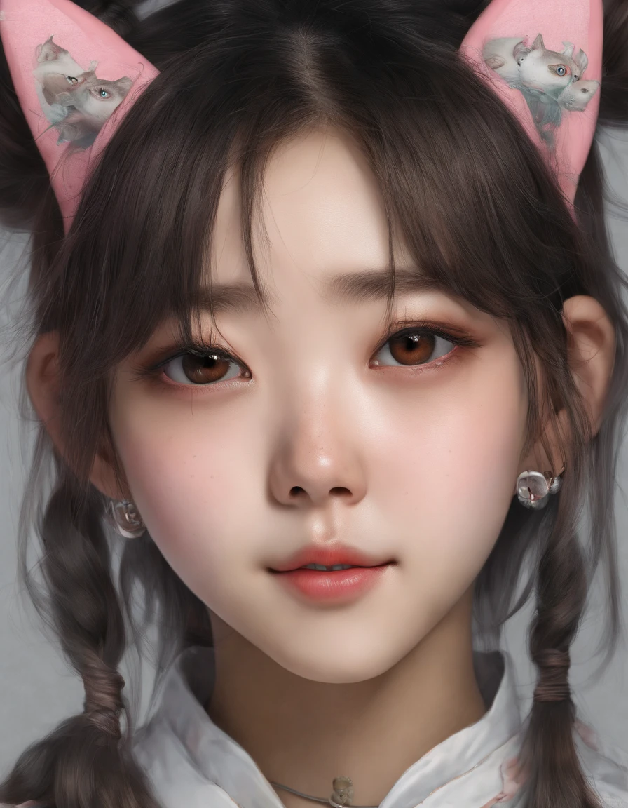 Korean girl, heart-shaped eyes, symbol-shaped pupils, grin, streaked hair, cat ears, anchor choker, Surrealism, entire body image, masterpiece, textured skin