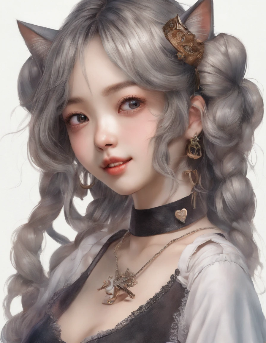 Korean girl, heart-shaped eyes, symbol-shaped pupils, grin, streaked hair, cat ears, anchor choker, Surrealism, entire body image, masterpiece, textured skin