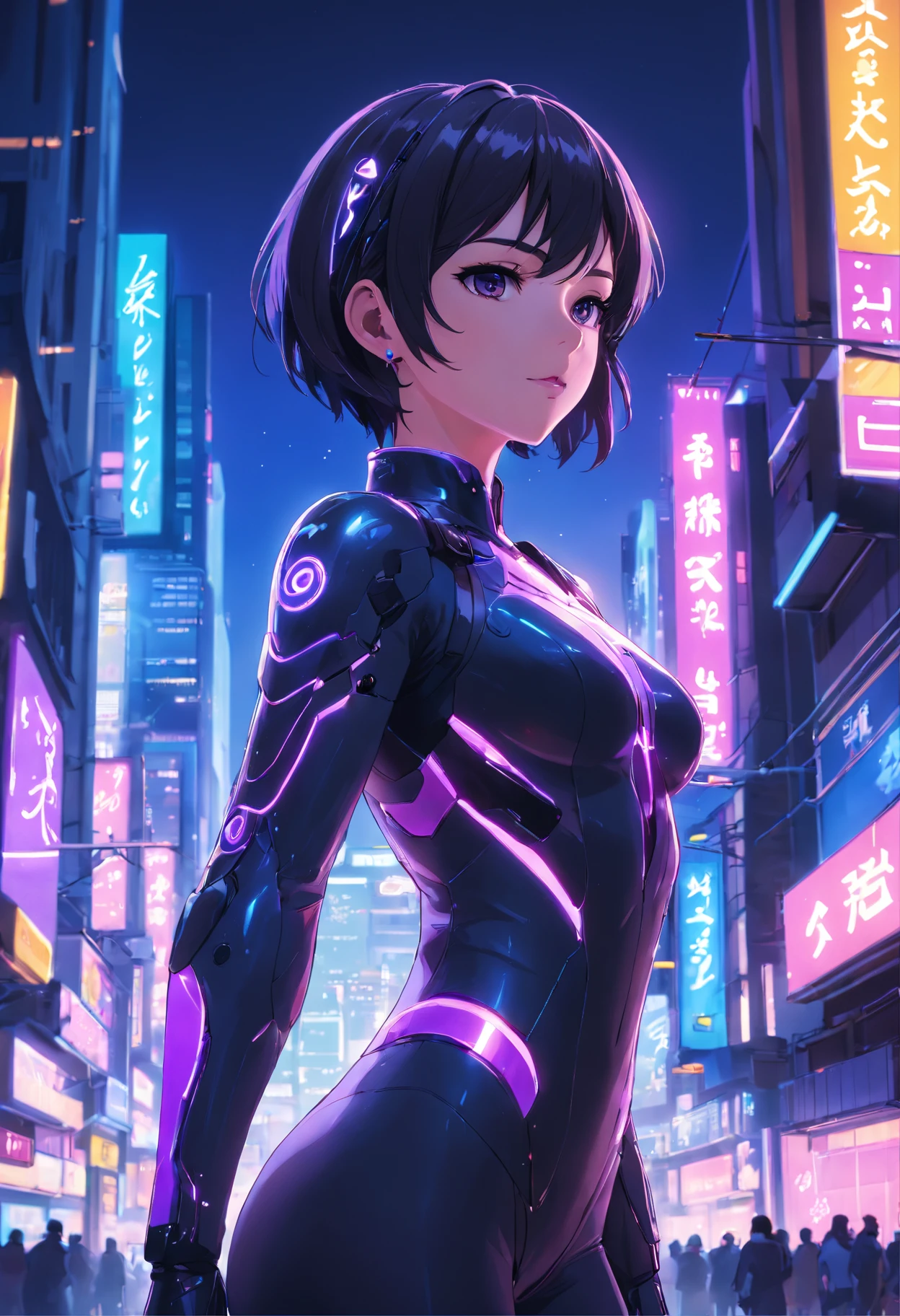 Portrait picture of Unreal Engine 5 8K UHD beautiful woman, wavy black short hair, black and white tight cybernetic latex suit, Battle suit with futuristic technology, cybernetic half face mask, earings, Latex body straps, cybernetic long heel, cybernetic long glove, arm and leg cuffs, Cyberpunk world, futuristic design, Details of neon purple lights, beautiful make up, beste-Qualit, Master Part
