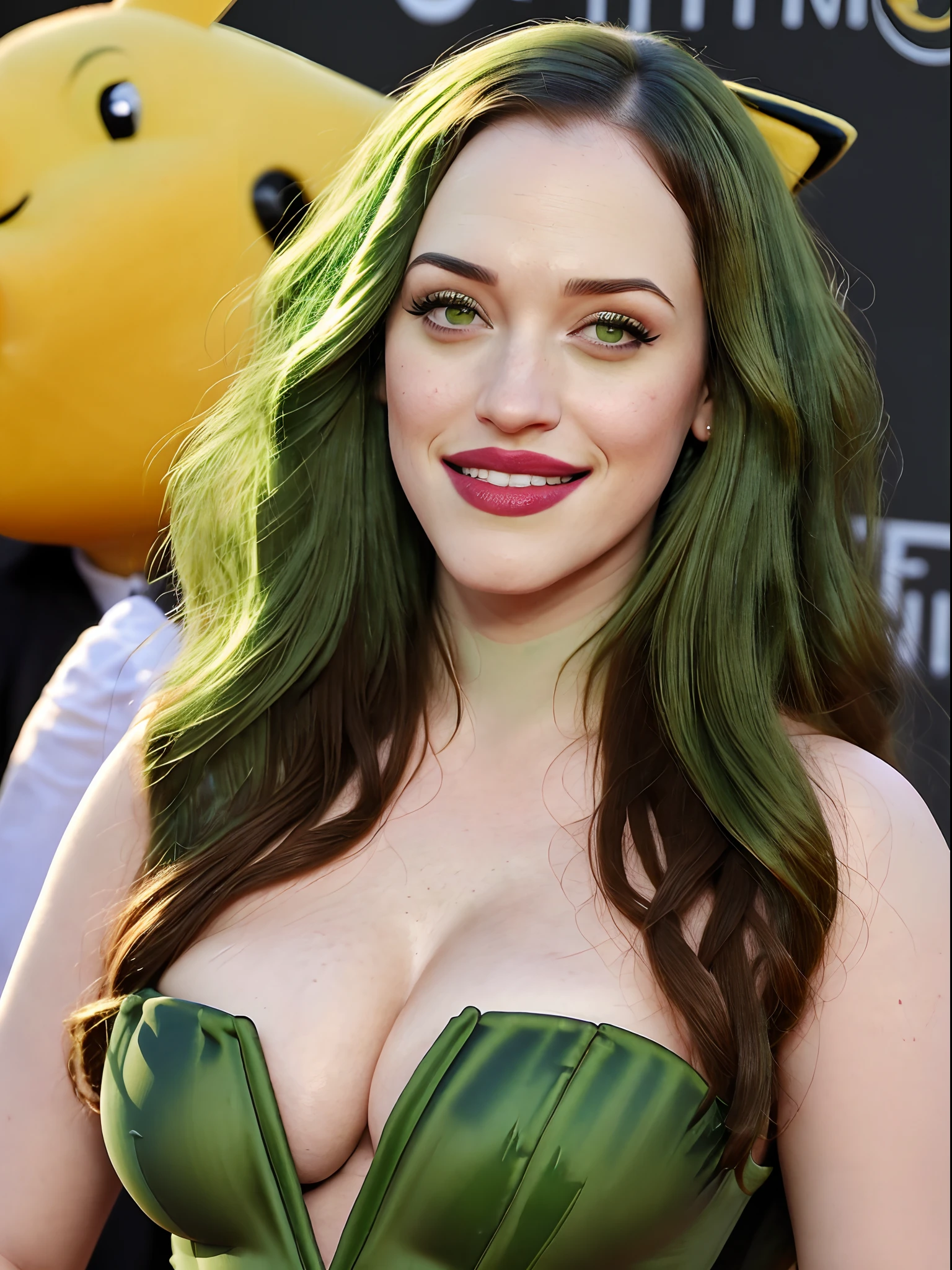 Kat dennings (hyperbolic green skin:1.5), antennas on forehead, big teeth, cleavage, Pikachu, long coat, (sailor moon:1.2), sequins, glowing