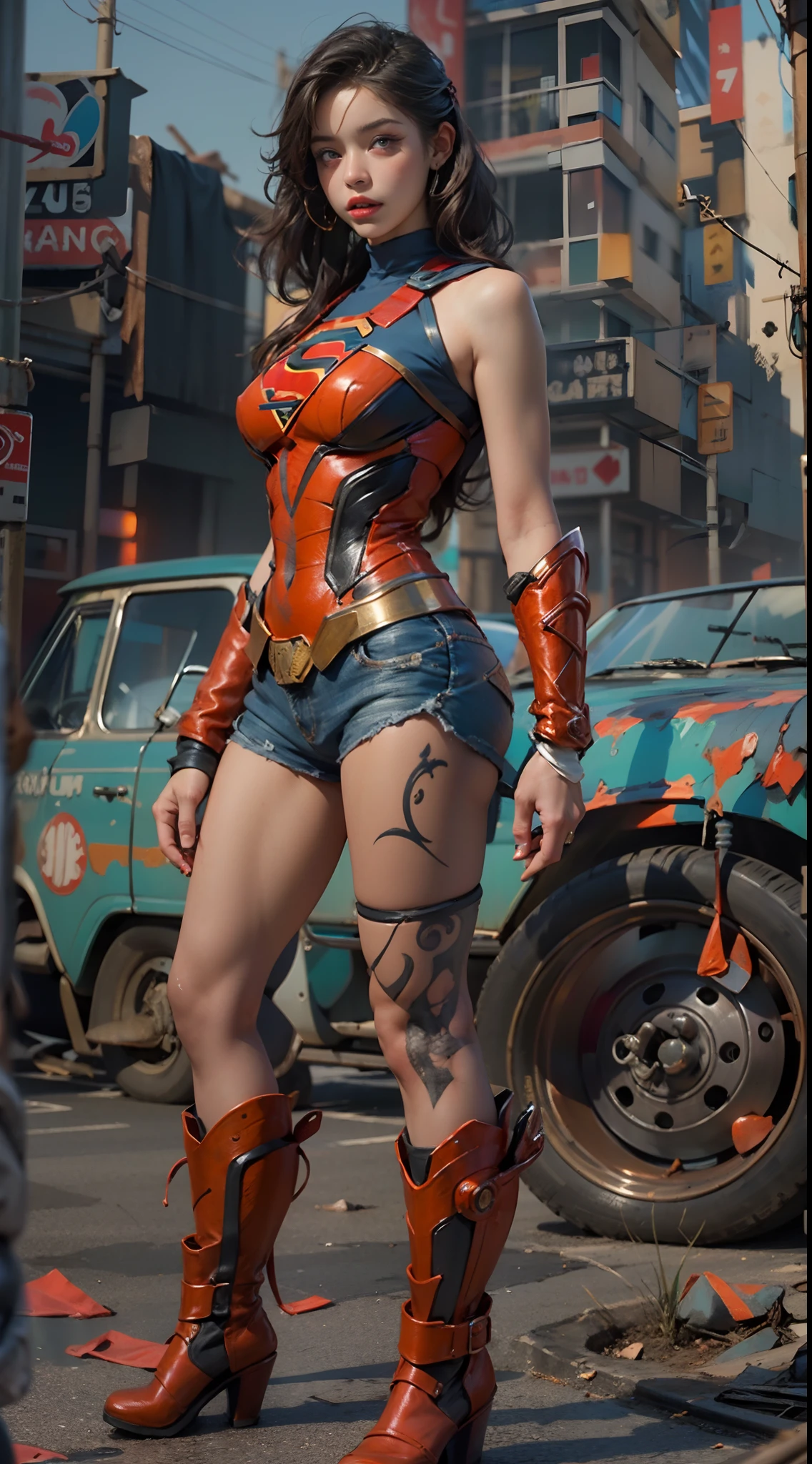 motor irreal:1.4,CG ultra realista 64K, fotorrealista:1.4, textura de la piel:1.4, obra maestra:1.4,Hermosa mujer Usando un disfraz sexy de Supergirl, cabello rubio y rubio, ojos azules, ropa interior Antecedentes detallados, traje de super cyberpunk . caderas anchas,An apocalyptic city of fire, mostrando vientre plano,Minifalda roja, ,hermosas manos finas,