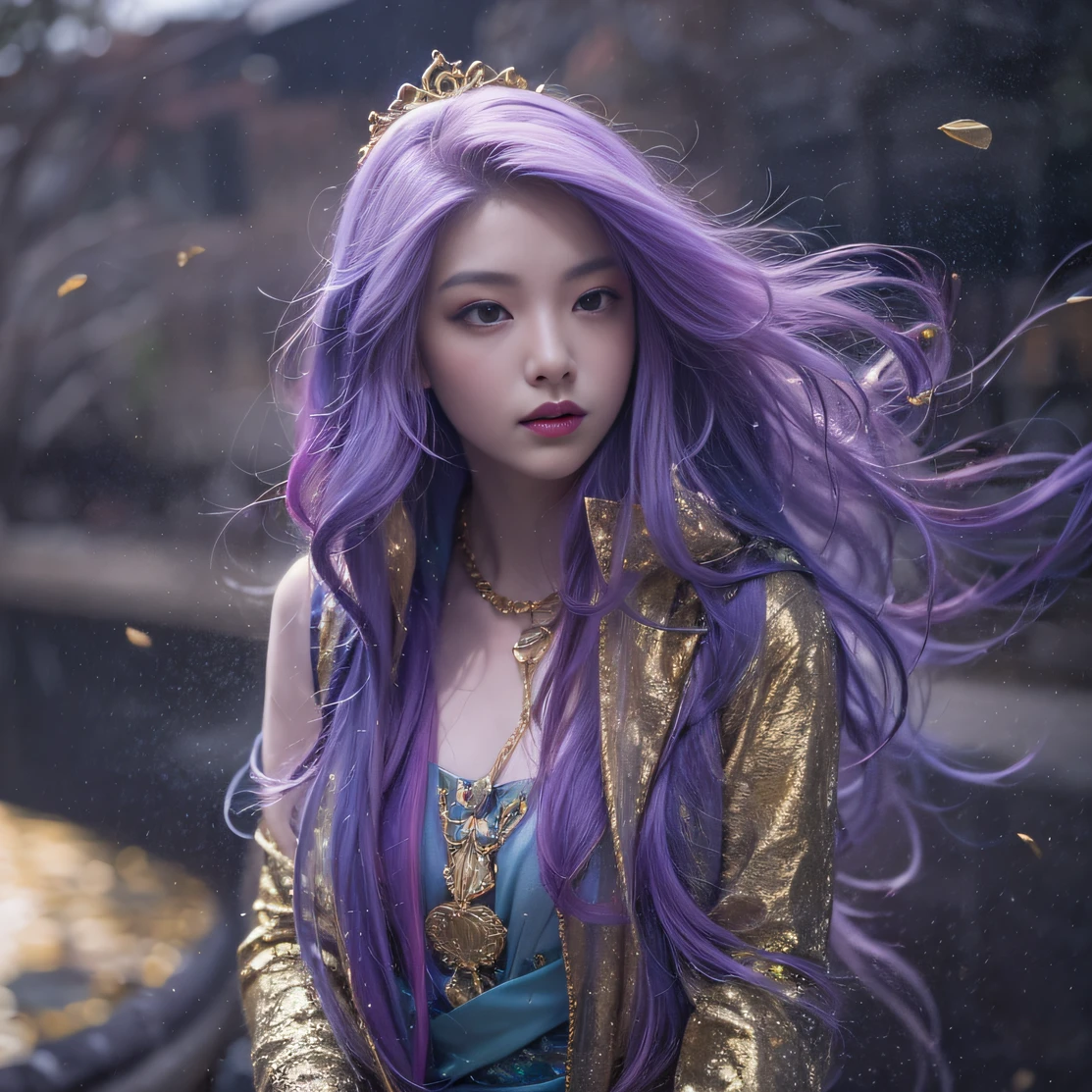 Genki Girl 32K（tmasterpiece，k hd，hyper HD，32K）Long flowing bright purple hair，Autumn Pond，zydink， a color， Proud of the Continent （The astronaut）， （Black and gold scarf）， Combat posture， looking at the ground， long whitr hair， Floating bright purple， Fire cloud pattern gold tiara， Chinese long-sleeved gold silk garment， （Abstract metaverse splash：1.2）， white backgrounid，Lotus vitality protector（realisticlying：1.4），Bright purple hair，Smoke on the road，The background is pure， A high resolution， the detail， RAW photogr， Sharp Re， Nikon D850 Film Stock Photo by Jefferies Lee 4 Kodak Portra 400 Camera F1.6 shots, Rich colors, ultra-realistic vivid textures, Dramatic lighting, Unreal Engine Art Station Trend, cinestir 800，A girl with long flowing bright purple hair