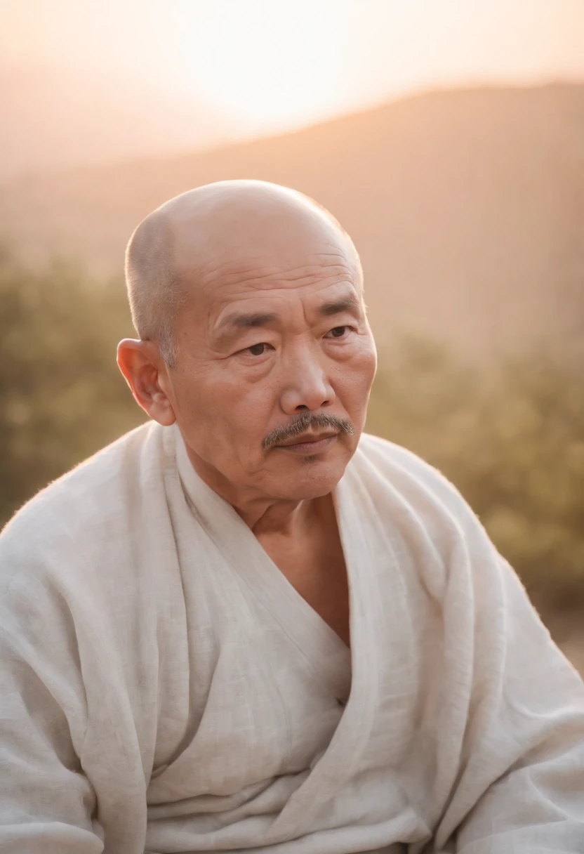 Mature Chinese man，eye closeds，white mustache， sitting in a meditation position,  As the sun sets, Related to the sacred, Portrait photos,  8K surrealism,
