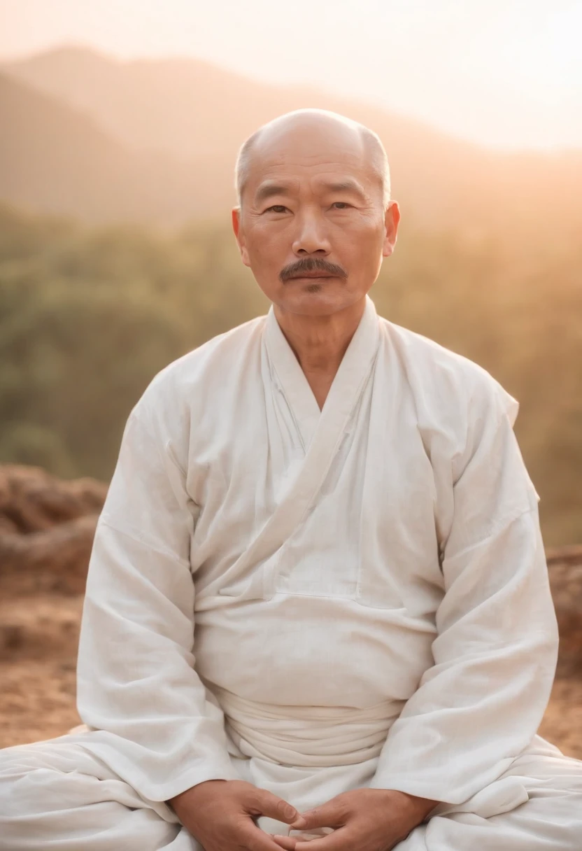 Mature Chinese man,eye closeds,white mustache, sitting in a meditation position, As the sun sets, Related to the sacred, Portrait photos, 8K surrealism,