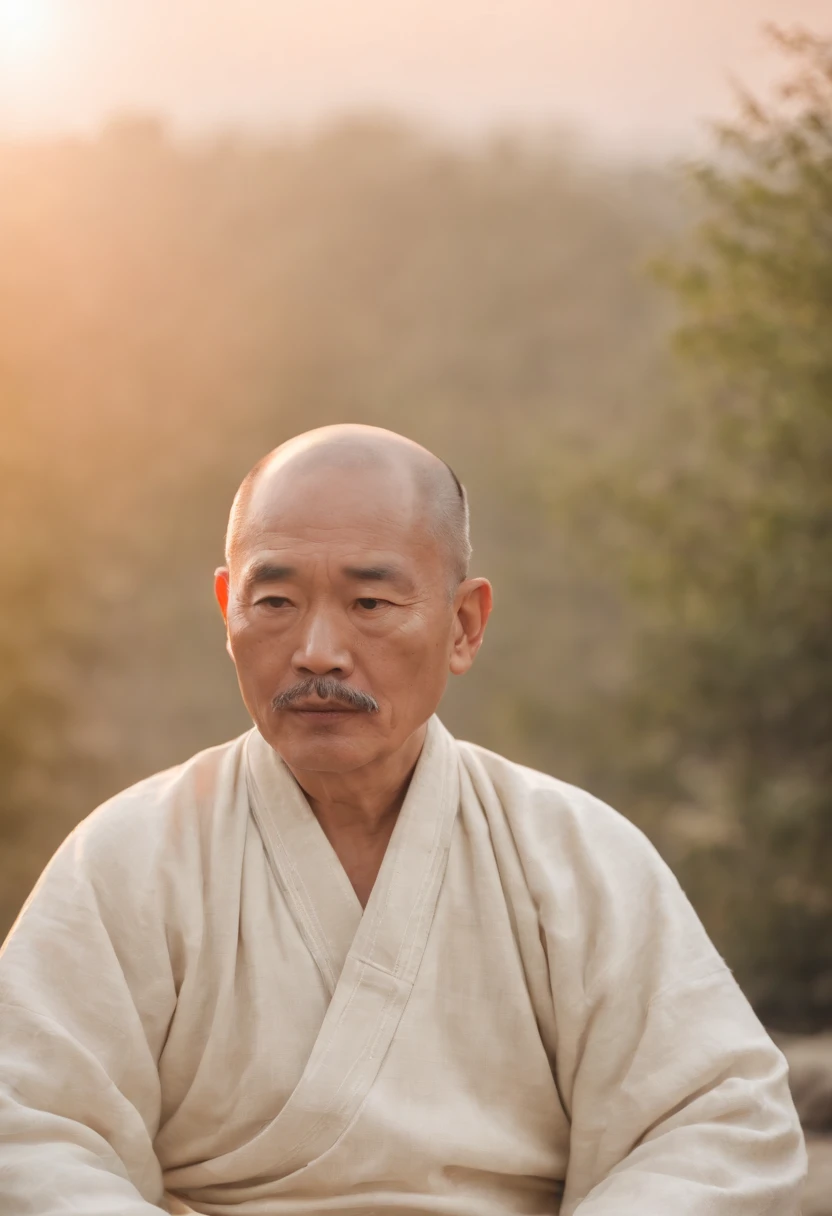 Mature Chinese man,eye closeds,white mustache, sitting in a meditation position, As the sun sets, Related to the sacred, Portrait photos, 8K surrealism,