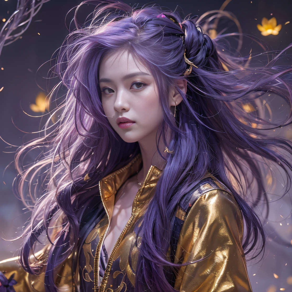 Genki Girl 32K（tmasterpiece，k hd，hyper HD，32K）Long flowing bright purple hair，Autumn Pond，zydink， a color， Proud of the Continent （The astronaut）， （Black and gold scarf）， Combat posture， looking at the ground， long whitr hair， Floating bright purple， Fire cloud pattern gold tiara， Chinese long-sleeved gold silk garment， （Abstract metaverse splash：1.2）， white backgrounid，Lotus vitality protector（realisticlying：1.4），Bright purple hair，Smoke on the road，The background is pure， A high resolution， the detail， RAW photogr， Sharp Re， Nikon D850 Film Stock Photo by Jefferies Lee 4 Kodak Portra 400 Camera F1.6 shots, Rich colors, ultra-realistic vivid textures, Dramatic lighting, Unreal Engine Art Station Trend, cinestir 800，A girl with long flowing bright purple hair