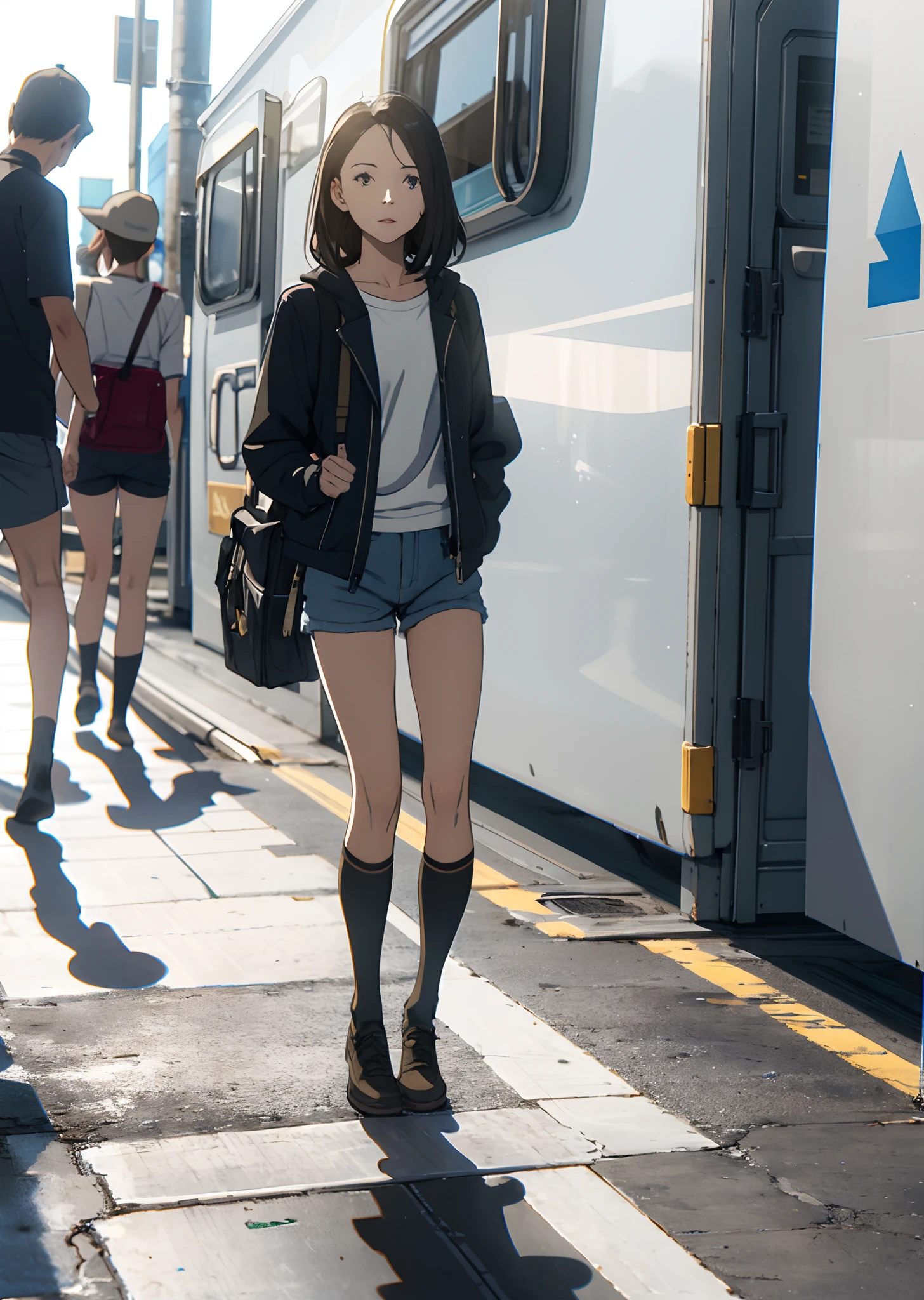 A transgender girl stand wearing knee socks and shorts