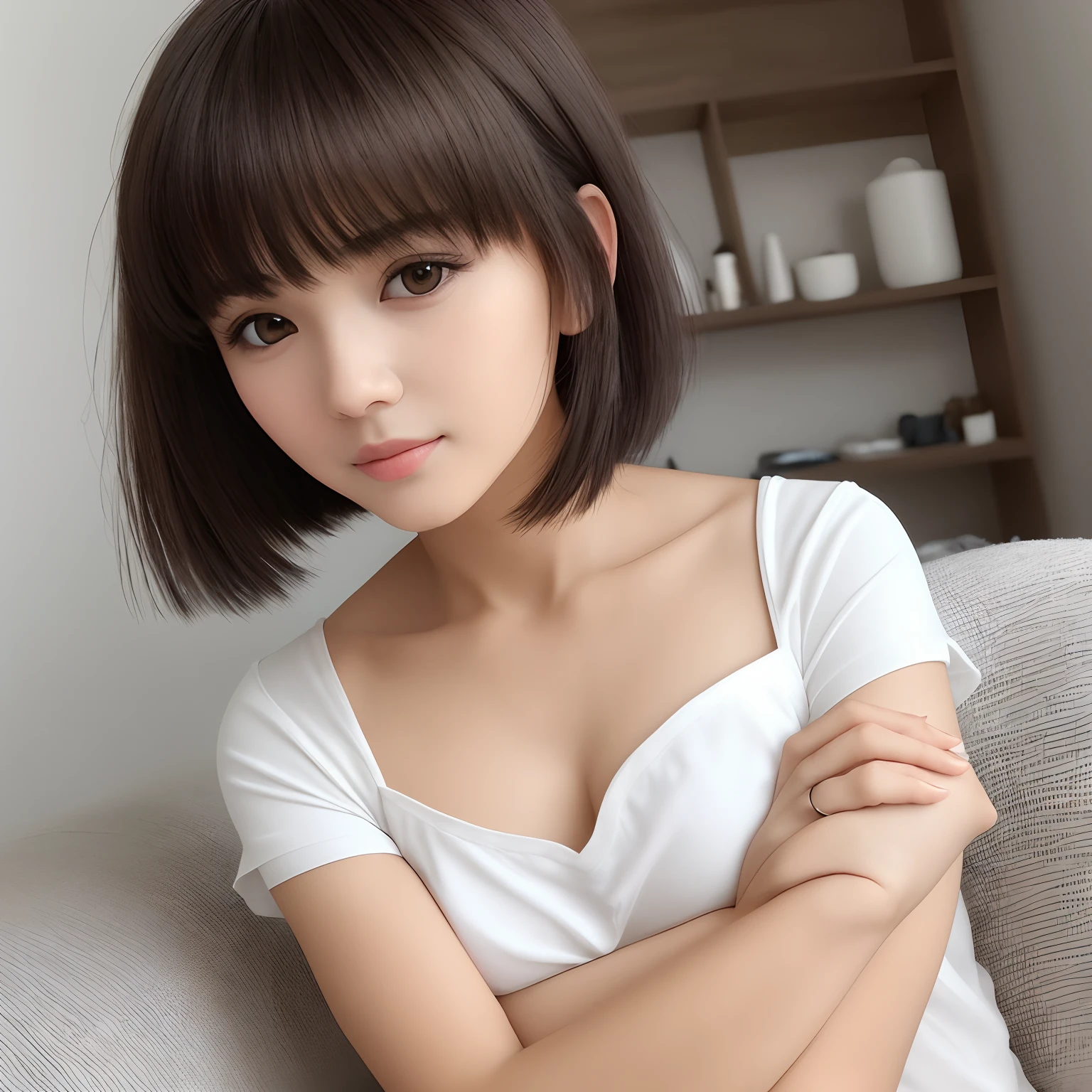 Real skin quality　a baby face　Heavy bangs　Normal level　married woman　simplicity　Medium hair