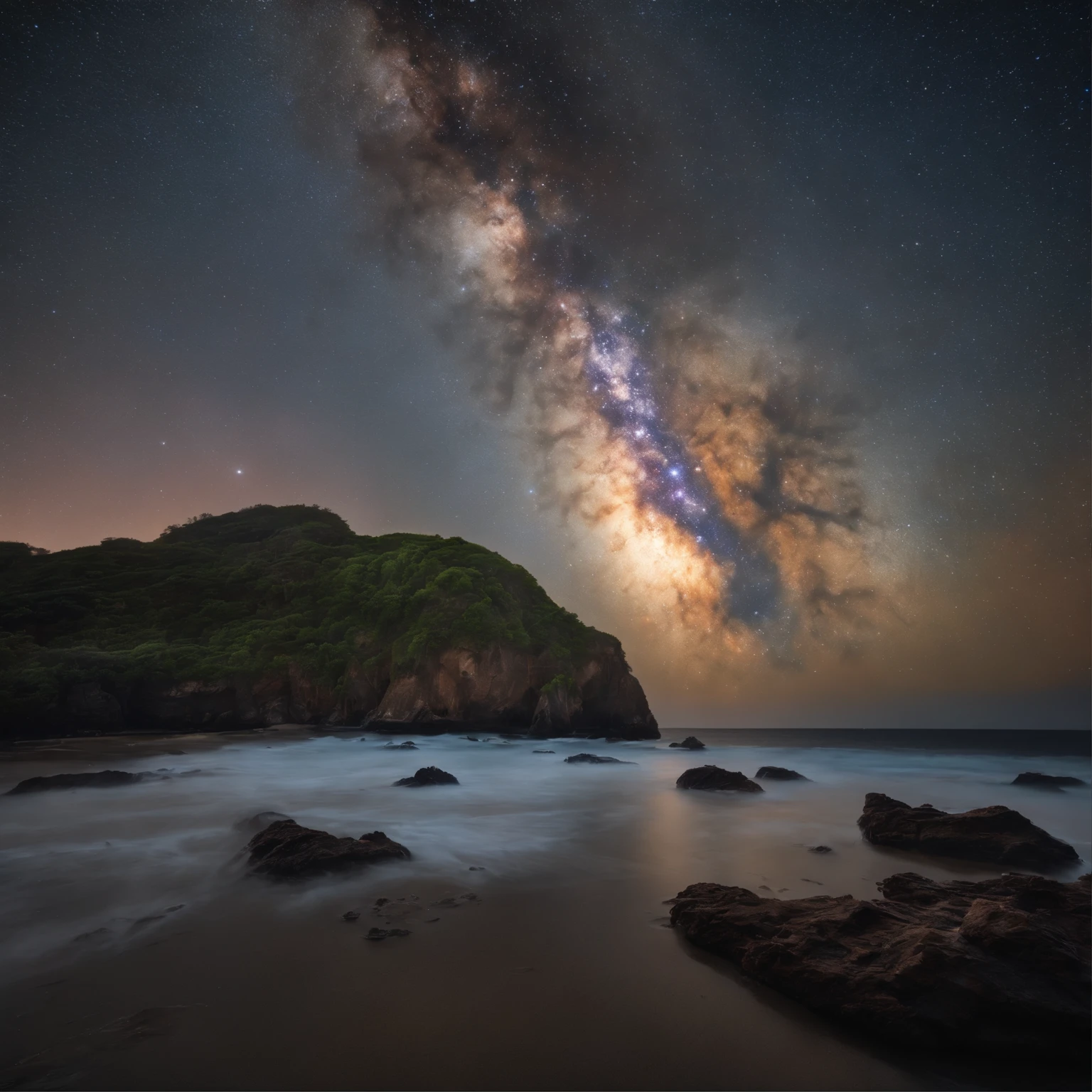 Master Parts、Superior Quality、superior image quality、The 8k quality、、Beautiful pictures of the starry sky、Two beautiful shooting stars、magnifica、Arched Milky Way、The Milky Way seen across the ocean