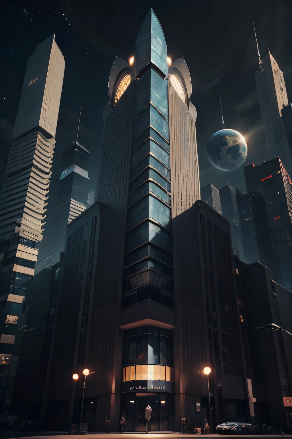 an ultra modern and futuristic corporate facade on which is marked "Alien-Tech-Club", in the background we see a magnificent moon and space with a galaxy