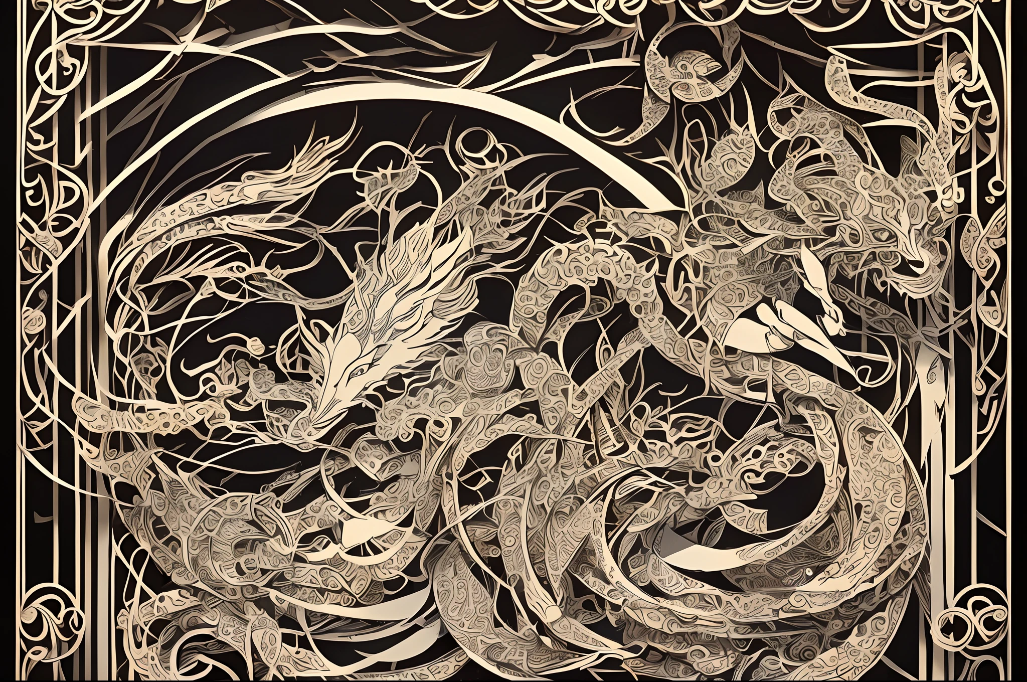 (best quality, high resolution, masterpiece: 1.2), (paper cut art: 1.52), (traditional medium, Chinese culture, handmade: 1.43), elaborate details, vibrant colors, folk art, scissor cutting, carving on paper, paper craft, exquisite patterns, cultural heritage, precise technique, meticulous workmanship, authentic craftsmanship, narrative storytelling, folk inspirations, symbolism, rich cultural symbols, delicate paper sculptures, shadow play effects, works of art three-dimensional, complex designs, depth and visual texture, abstract expressionism on paper, fun and whimsical, dreamy compositions. atmosphere, contrast of lights and shadows, stylized figures and landscapes, dynamic movements and gestures, dramatic scenes, portraits of historical figures, mythological creatures, harmony between nature and humans, celebration of life and traditions