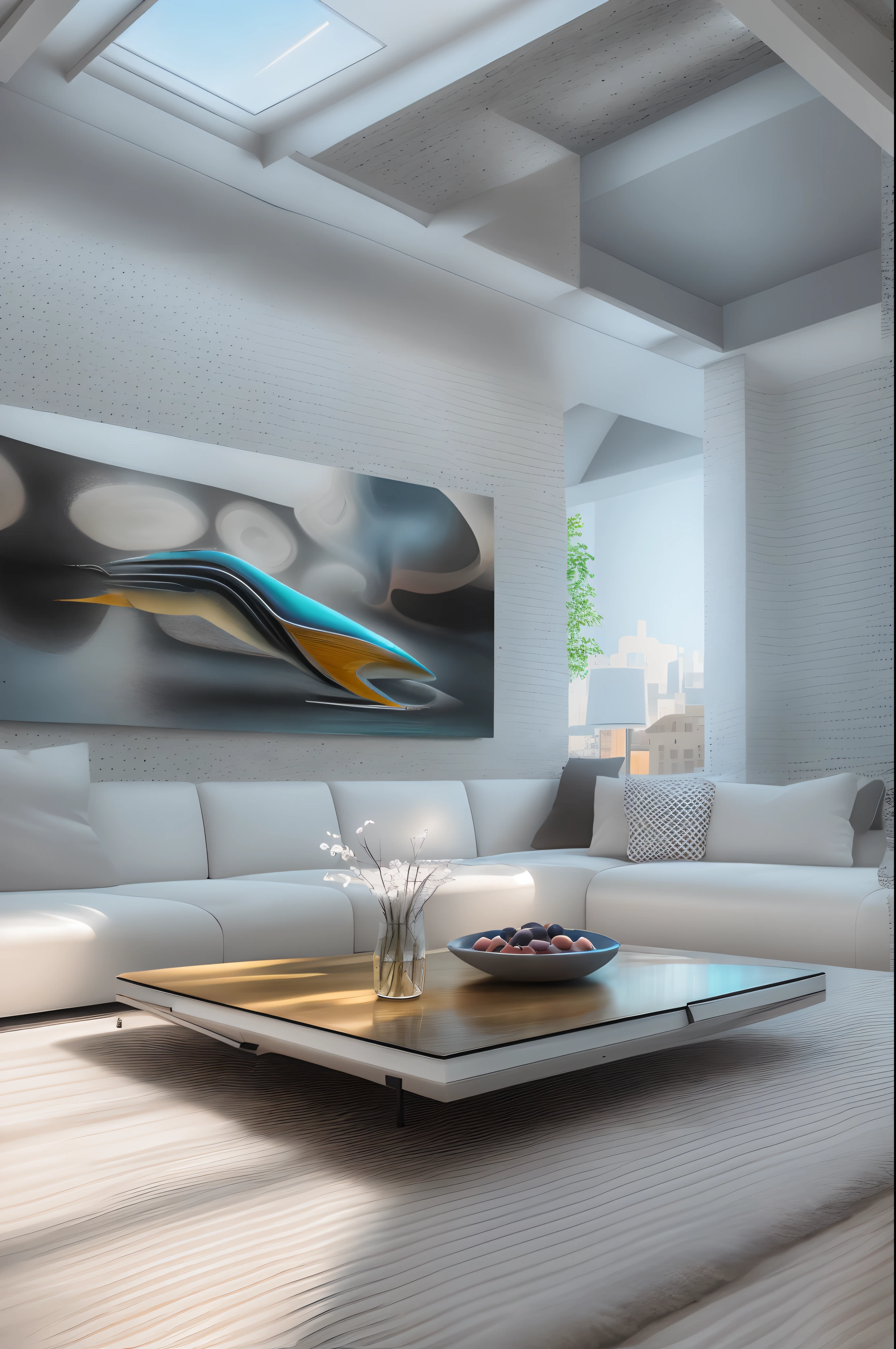 liveroom,There is a wall in the middle of the living room,The painting on the wall is in the middle, Paintings on the walls, skyscape, Large airy windows, Zaha Hadid and Santiago Calatrava landscape panoramic style, Fish, Clear light, Edge lighting, Perfect image, Building summary style, 16k UE5. superfine, 8K, hdr, Product photography, Depth of field, Nikon D850, Ultra-realistic, no contrast, clean sharp focus, professional, No blurring