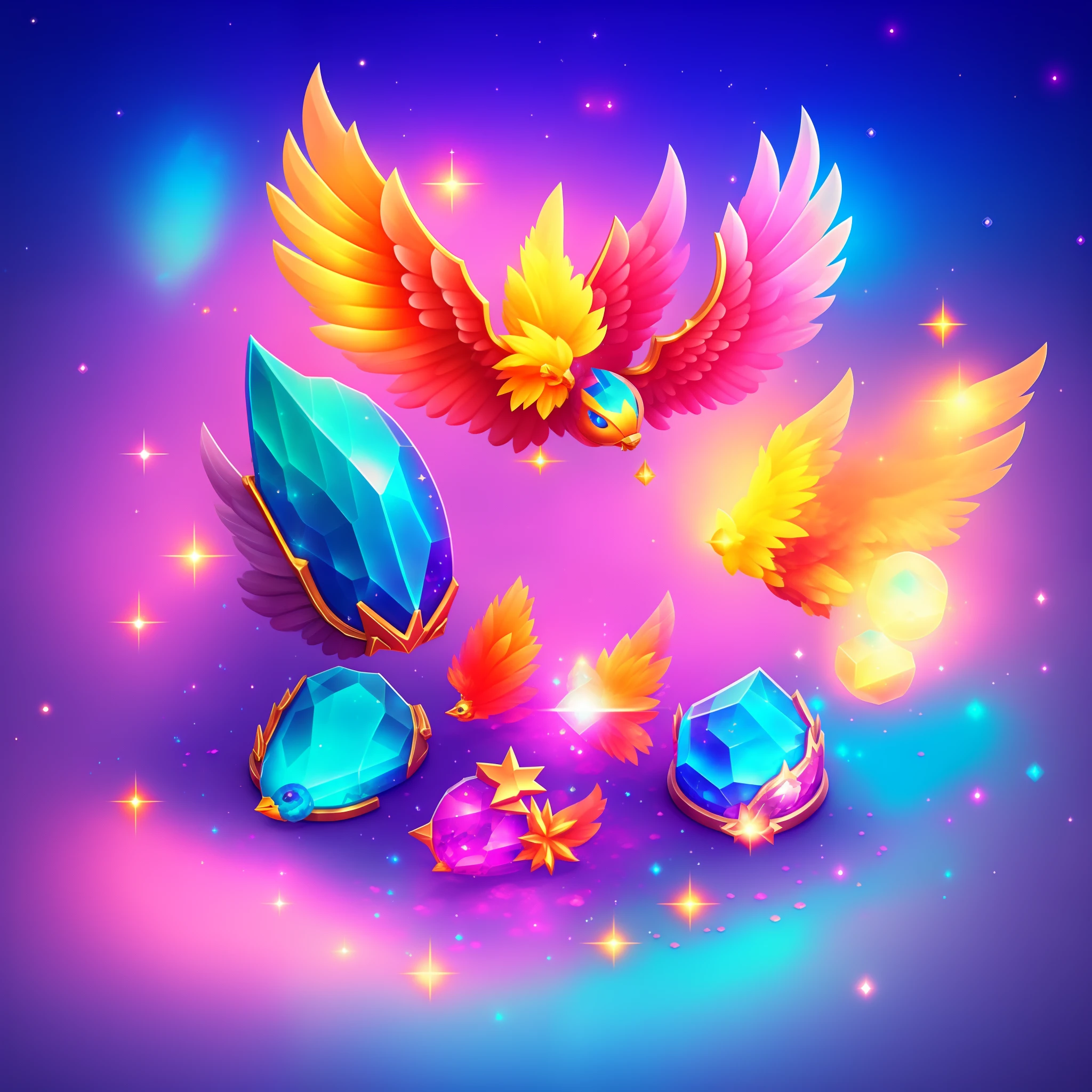 Close up of shoes and diamonds on colorful background, Glass shoes and pigeon feathers, Item Art, star guardians, 3 d icon for mobile game, Magic artifacts, Heartstone Original Art Style, magical items, star guardian inspired, Shiny Gem, maplestory mouse, Shiny gemstones, ornate gem in pommel, angelic halo, shiny armor