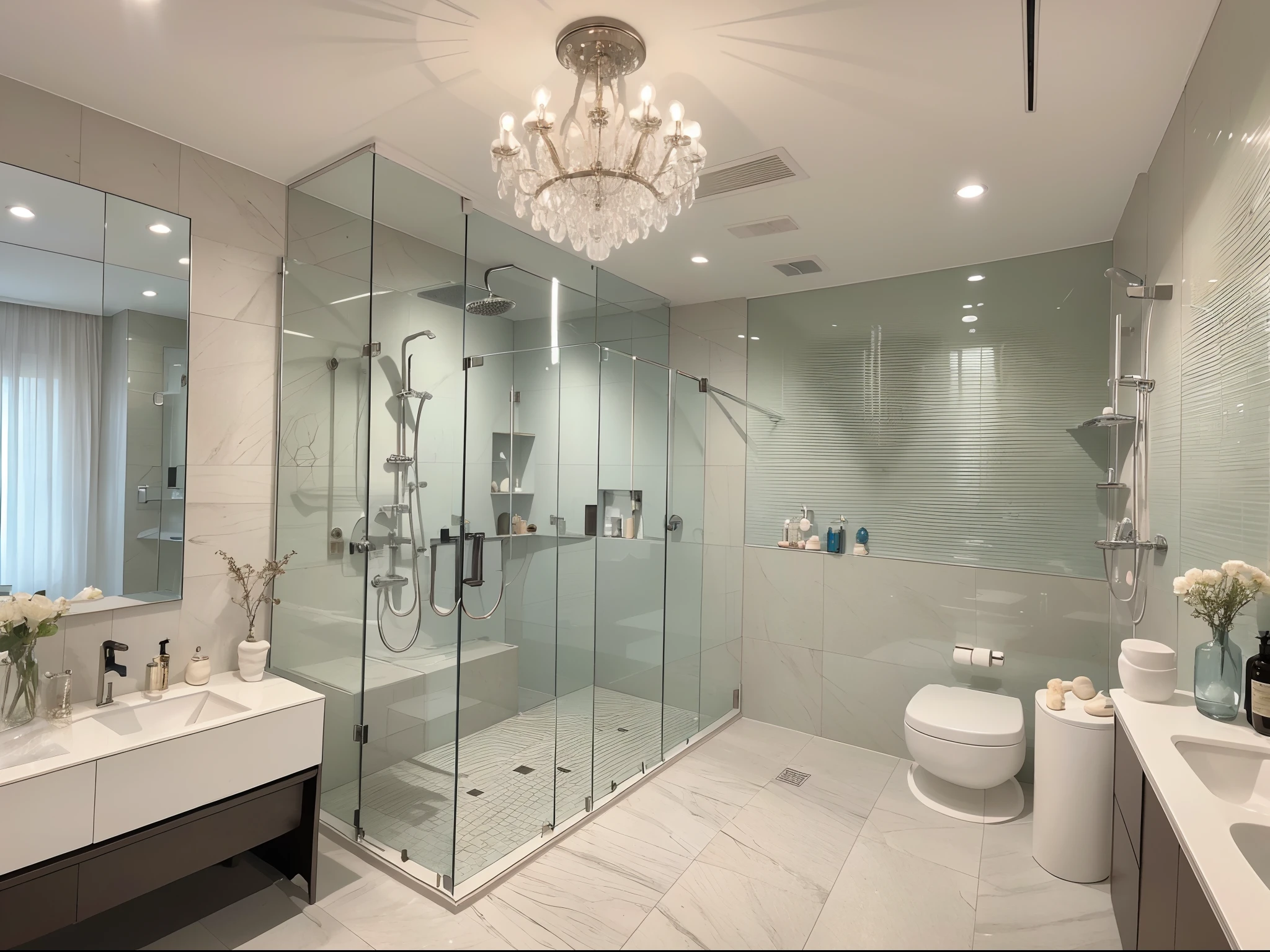 ,masterpiece, best quality,8k, ultra highres,When you walk into this bathroom,It's as if you've entered a magical crystal palace。The brilliant chandelier shines like a dreamy light,Make the whole space appear mysterious and gorgeous。The mirrored walls reflect the sparkling sheen of crystal,Makes you feel like you're in a fantasy world。When you step into the transparent glass shower room,The feeling of water droplets flowing on you is as if it comes from the magical power of an unknown planet,It gives an otherworldly shock feeling。