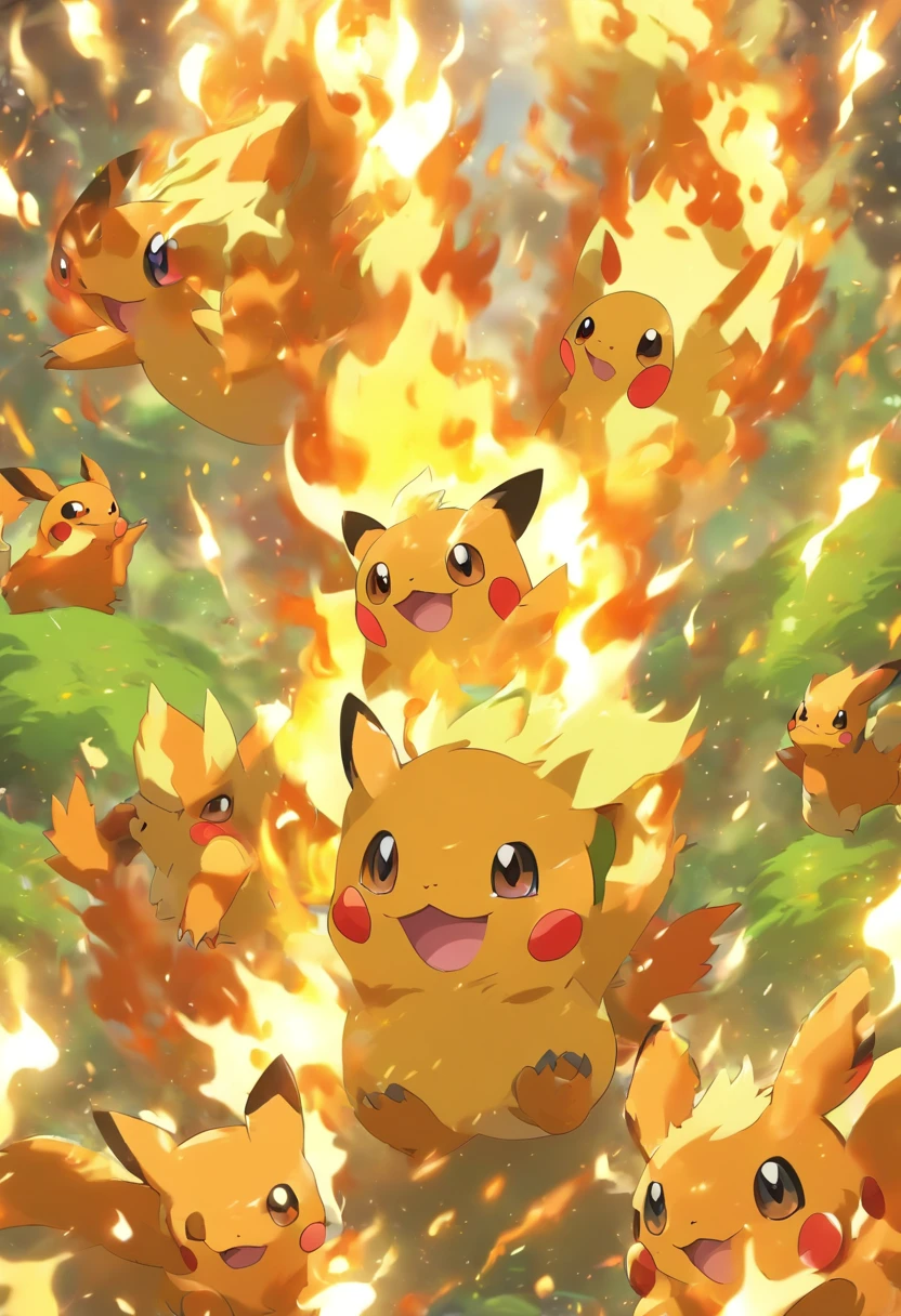 With fire、Eau、grassy、Electronic elements four cartoon pokemon arms picture cover, game case,Game art, collectible card art, full subject shown in photo, designed for cozy aesthetics!full art illustration, fluffy ebay product, full art, !!Highly detailed!!