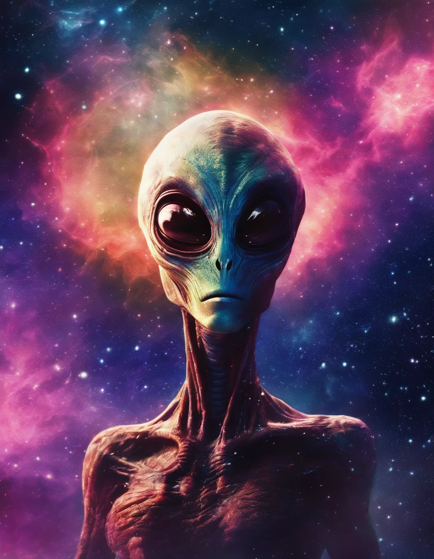 create a print for a black t-shirt, with extraterrestrial imagery
It has to be with a more realistic style, with more occultism, and an air of mystery
I want the extraterrestrial to have a bigger head, and bigger eyes
without ears, more big-headed and more effects around you that have more things around, like planets, flying saucer, etc...