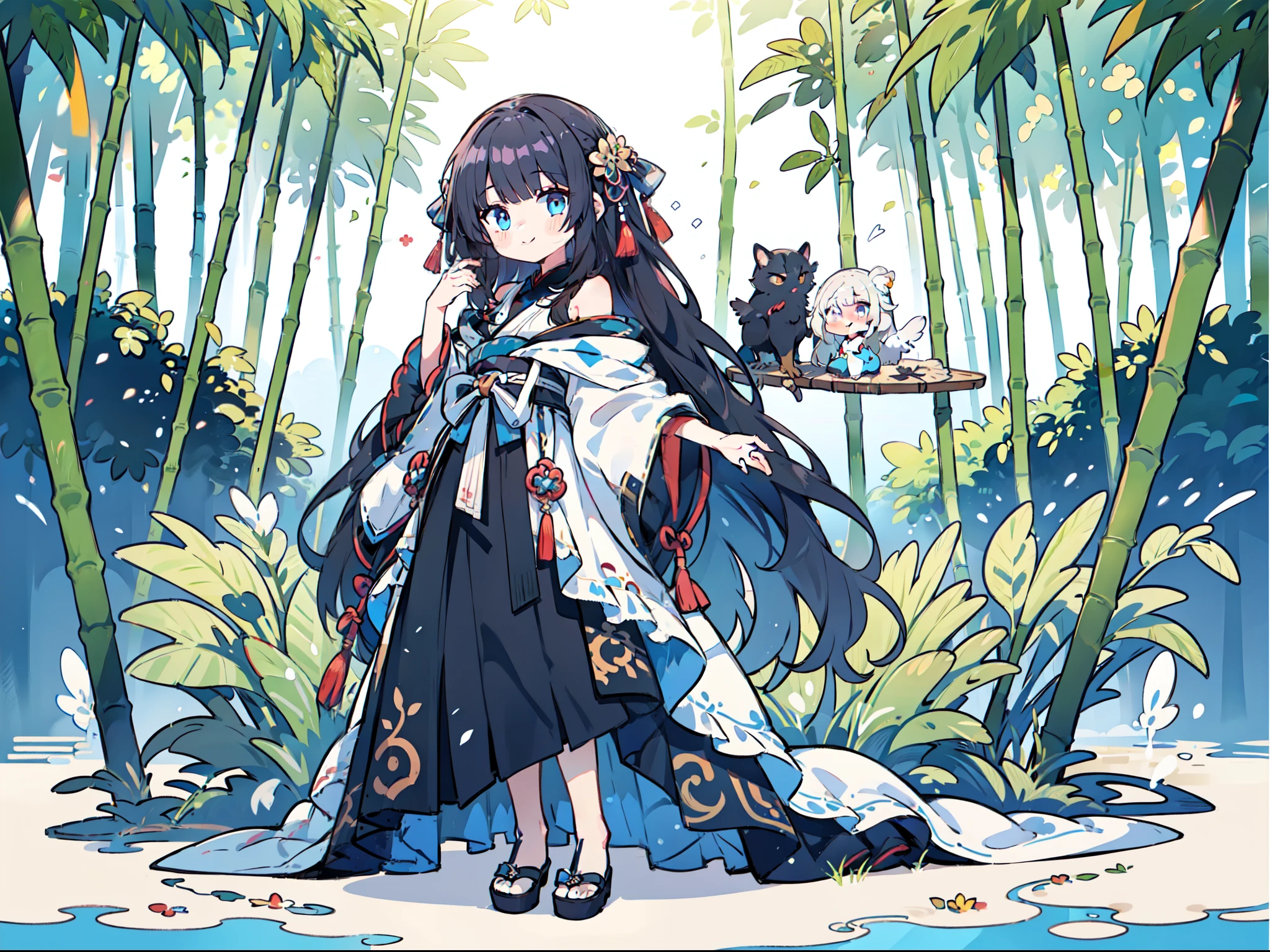 ​masterpiece、top-quality、Official art、8k wallpaper、very detailed illustration、One girl、((full body Esbian、Standing picture:1.2))、Azure hair、length hair、A detailed eye、forrest、bare shoulders​、Hanfu、lake、pure、Soft smile、Bamboo、tee