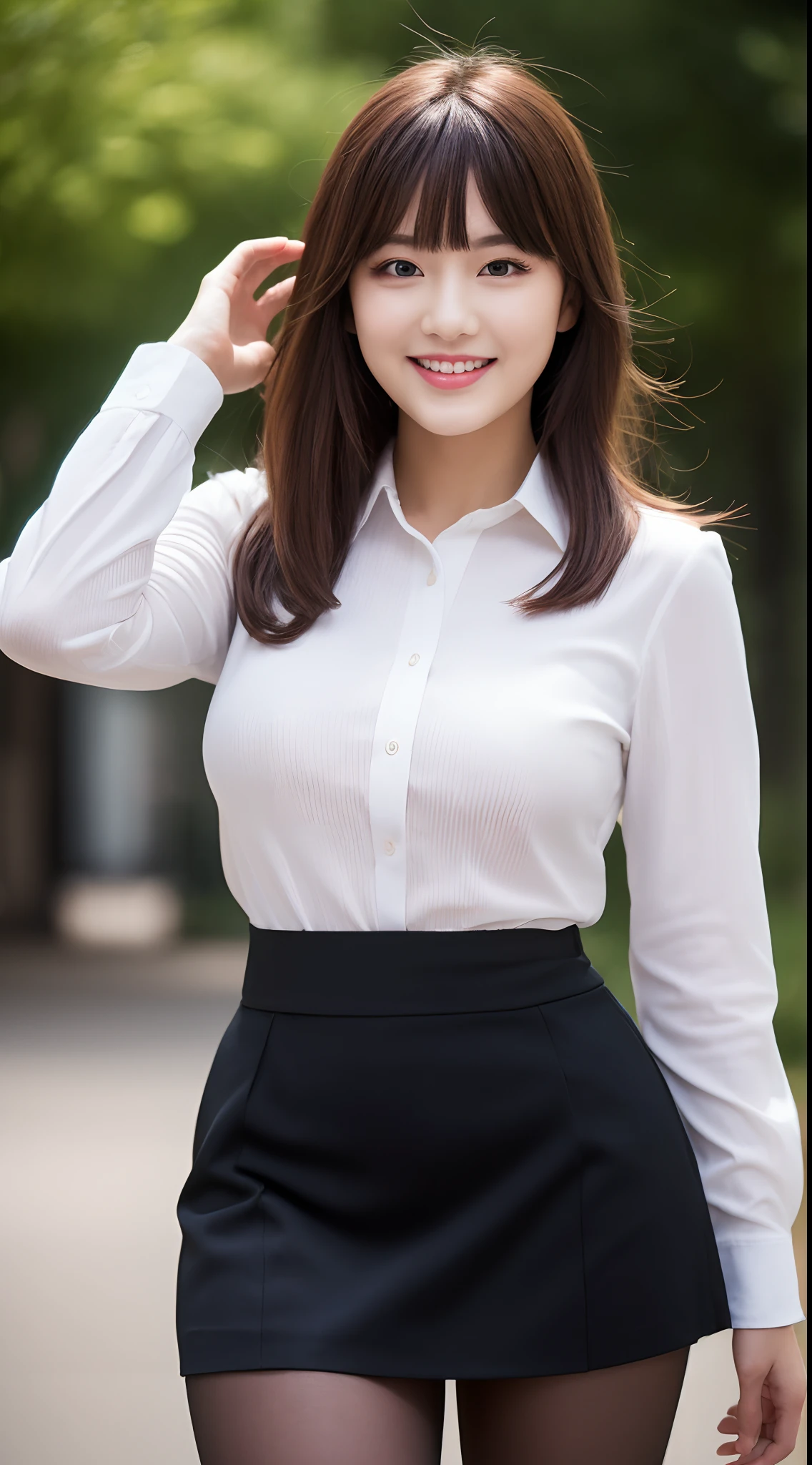 (top-quality、超A high resolution、masterpiece:1.3)、A tall and pretty woman、longeyelashes, Solid Circle Eyes, striated hair, light brown hair, hair behind ear, Long hair with bangs, shortpants, a miniskirt, longeyelashes, Parted lips, surrealism, drop shadow, anaglyph, stereograms, surrealism, Verism, depth of fields, Backlighting, Expose F/1.2, One-person viewpoint, Super Detail, ccurate, Best Quality, nffsw, masutepiece, Textured skin, Best Quality, hard disk, 8K, Parks in the city, blurry backround, ((big breasts thin waist)), skinny thigh, (Colossal tits:1.1), Natural Color Lip, Smile, Collared shirt, Black pantyhose, long legged, Young woman in perfect style, Tight mini skirt suit