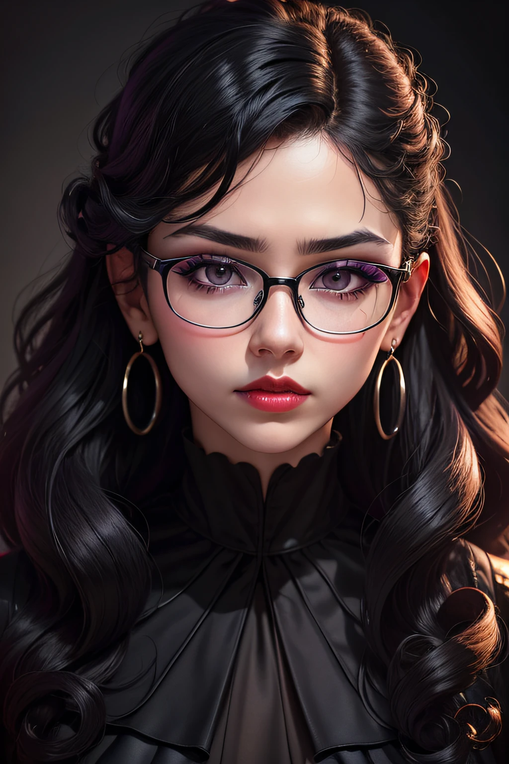 Black theme、Slightly curly hair, Rimless glasses, small spots under the corners of the mouth,,, / Pay attention to lilac earrings, slightly closed mouth, Red lips, surrealism, high detailing, Strong Chiaroscuro, film graininess, the panorama, The ultra -The high-definition, precise, Textured skin.
