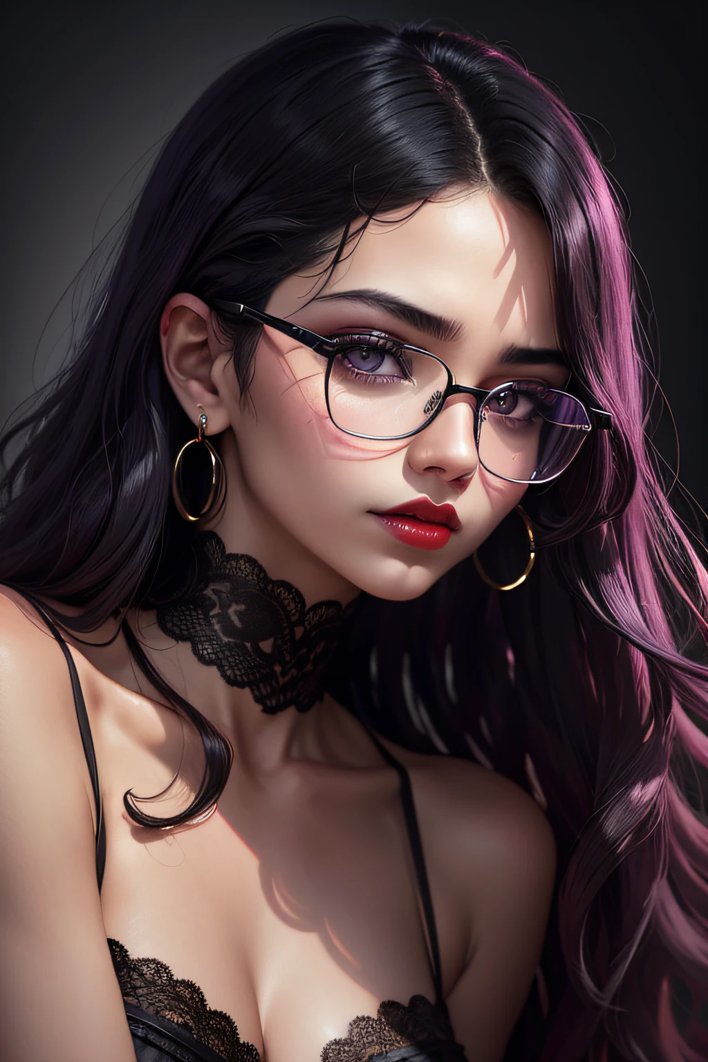 Black theme、((Body Portrait))、Slightly curly hair, Rimless glasses, small spots under the corners of the mouth,,,,,, / Pay attention to lilac earrings, slightly closed mouth, Red lips, surrealism, high detailing, Strong Chiaroscuro, film graininess, the panorama, The ultra -The high-definition, precise, Textured skin.　Body Portrait、