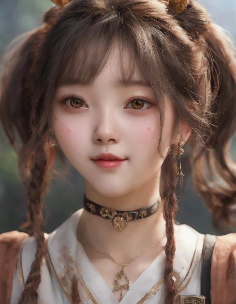 Korean girl, heart-shaped eyes, symbol-shaped pupils, grin, cat ears, anchor choker, entire body image, hair over shoulder, perfect eyes, Surrealism, masterpiece, textured skin