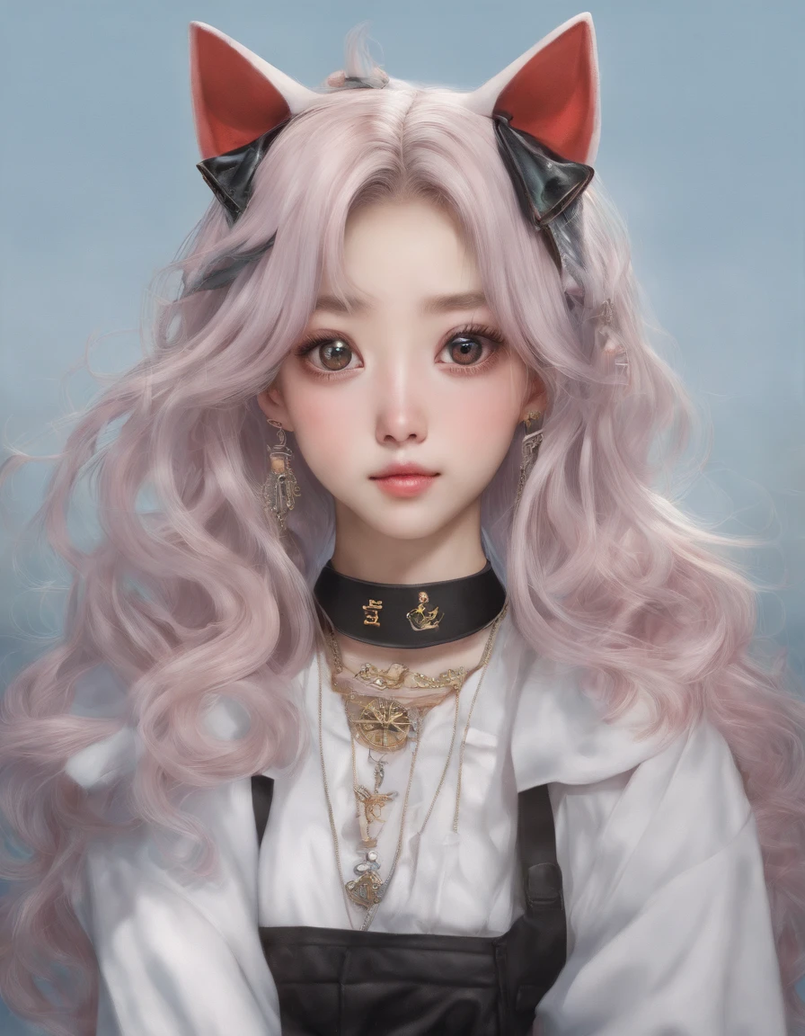 Korean girl, heart-shaped eyes, symbol-shaped pupils, grin, cat ears, anchor choker, entire body image, hair over shoulder, perfect eyes, Surrealism, masterpiece, textured skin
