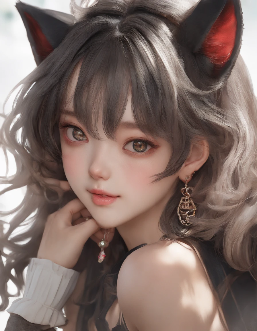 Korean girl, heart-shaped eyes, symbol-shaped pupils, grin, cat ears, anchor choker, entire body image, hair over shoulder, perfect eyes, Surrealism, masterpiece, textured skin