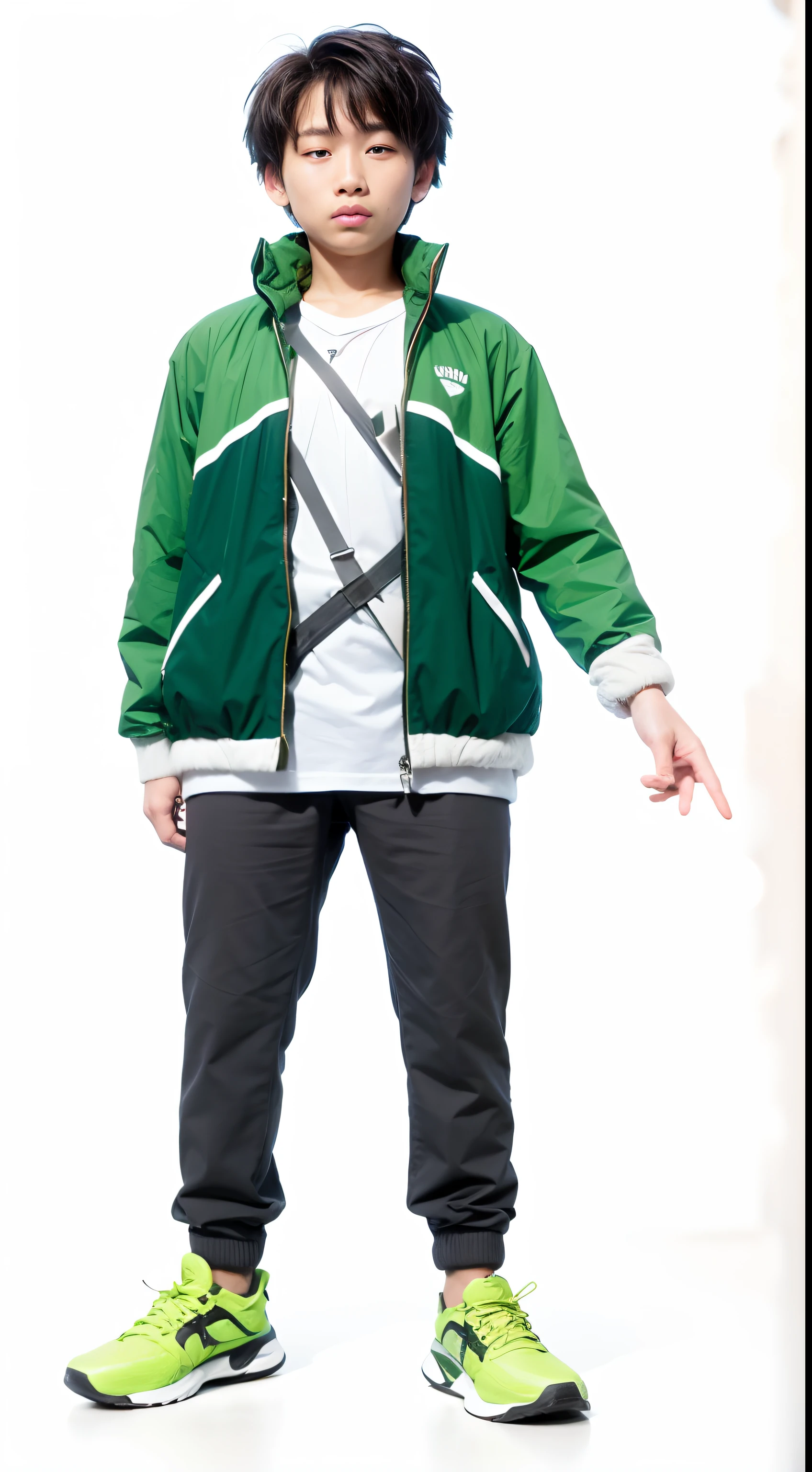A young man, standing, green jacket, black pants, green shoes