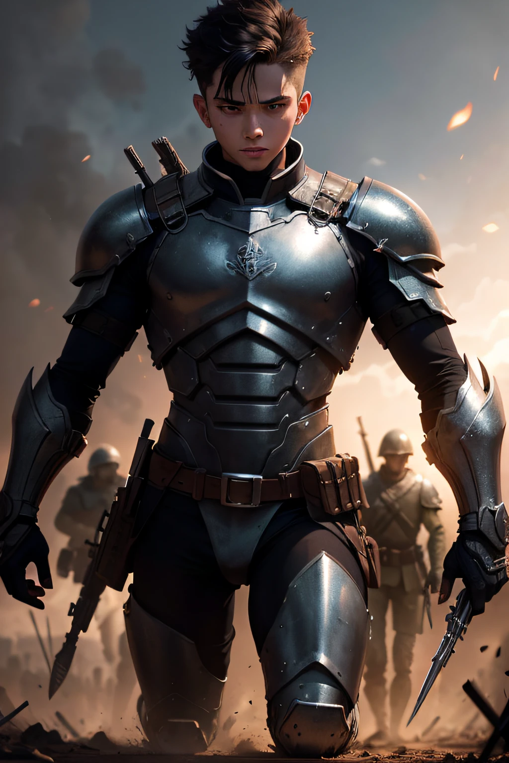 (a:1.1)(boys) a boy in diamond armor,(war)in a war field,(enemies) surrounded by enemies,(dimly lit) in dimly lit conditions,(battlefield) on a battlefield,(army) with an army behind him. The boy's armor glimmers in the dim light, showcasing its strength and elegance. His poised stance exudes confidence and determination. The enemies close in, their menacing figures adding to the intensity of the scene. The war field is filled with chaos and destruction, with remnants of fallen soldiers and damaged structures. The atmosphere is tense, with a sense of urgency and anticipation. The colors of the scene are saturated, giving it a vibrant and impactful look. The lighting highlights the boy's figure, casting dramatic shadows on the ground. Overall, the prompt aims to capture the bravery and resilience of the boy in the midst of a fierce battle, while also emphasizing the artistic quality, detail, and intensity of the image. anime style medival no kneeling down