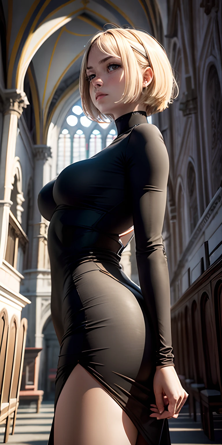 realisticlying、Churches in Venice, Italy、Large chapel、19-year-old woman looking up from below in the distance、Blonde Short Bob Hair Wearing Black Tight Fitting Dress、Chapel emphasis、Depth height、Portrait