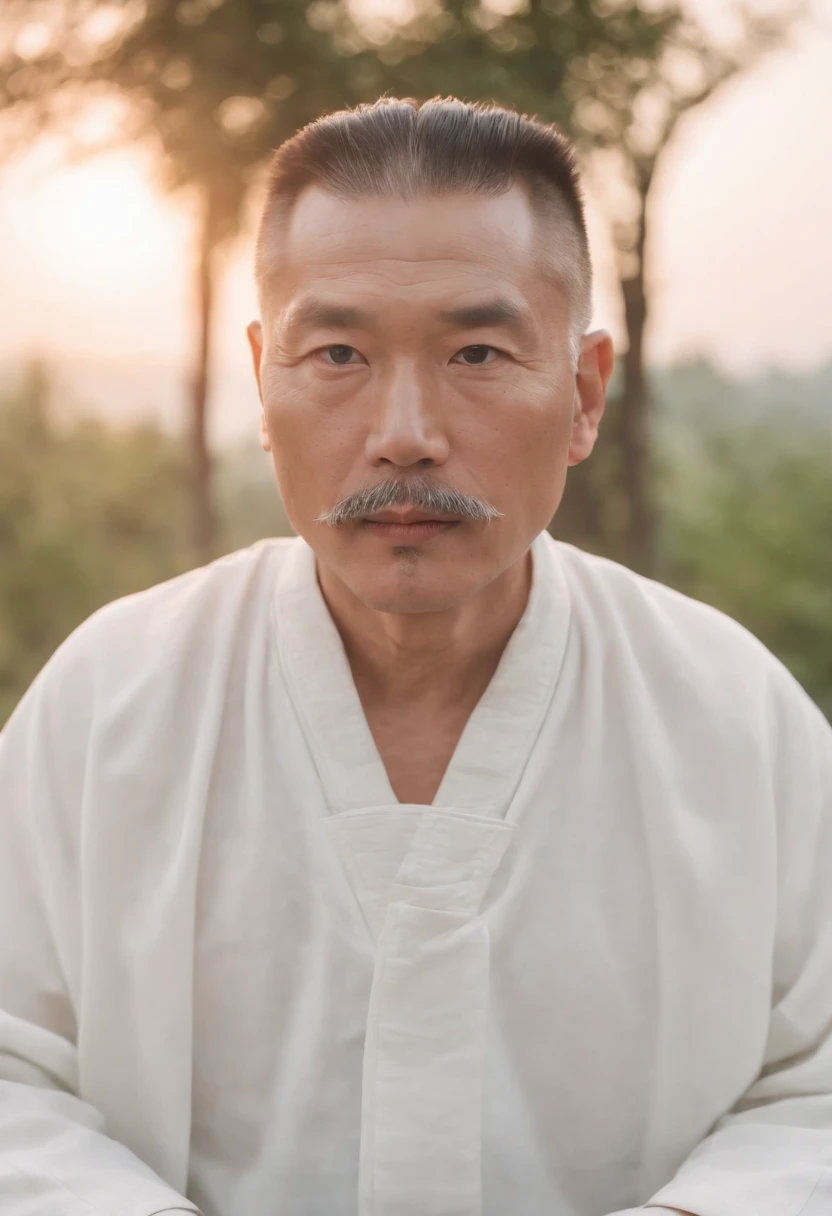 Chinese men，Close your eyes，white mustache， sitting in a meditation position,  As the sun sets, Related to the sacred, Portrait photos,  8K surrealism,