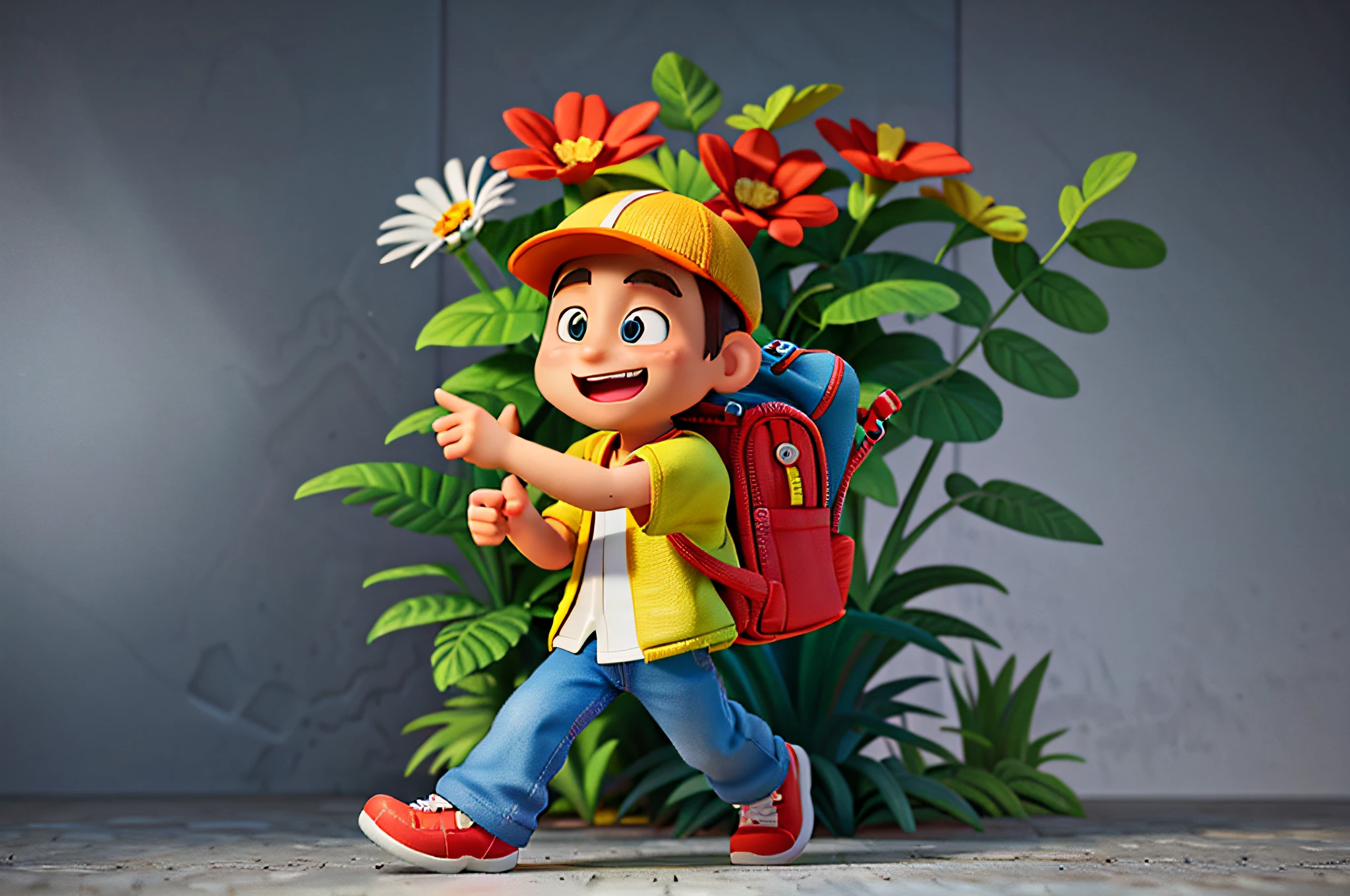 There is a poster,It features a cartoon character wearing a hat and a backpack,Male explorer mini cute middle-aged man,Walk in the wilderness,Jungle of flowers and plants,Animation-style rendering,cute 3 d render,Small characters。Unreal Engine5,Stylized anime,Cute and detailed digital art,Atey Ghailan 8 K,Stylized 3D rendering,adventure hyper realistic render,Anime style 3D,Stylized 3D rendering