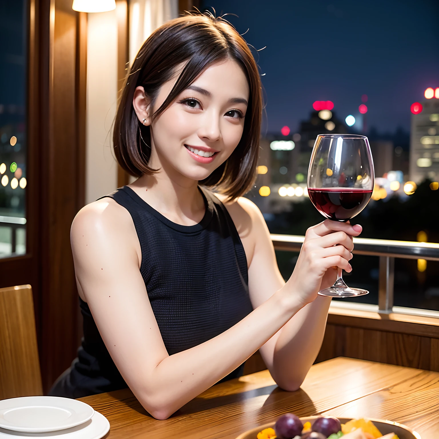 (64K, UHD, top quality, masterpiece: 1.2), (realistic, photorealistic: 1.37), super detailed, pretty woman 1 person, (slim face), (slim body), (brown hair), (short cut), cheeks slightly blushing, (44 years old), 38 years old, solo, beautiful detailed urban night view outside the window, restaurant, wine glasses sit, at night, in a prominent placeNovaFrogStyle, Actress, Model, Waist Up, White Wine, Slim, Wine Glass, Super Clean Night View, Wine Glass Put in the Middle, Happy Smile, (Smile: 1.15), Beautiful Fine Eyes, Upper Body, Bust Japan Up, Night, Short, Short, Actress, Model, Waist Up, White Wine, Slim, Wine Glass, Super Clean Night View, Wine Glass Put in the Middle, Happy Smile,