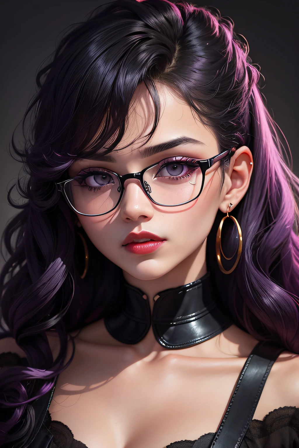 Black theme、((Body Portrait))、Slightly curly hair, Rimless glasses, small spots under the corners of the mouth,,,,, / Pay attention to lilac earrings, slightly closed mouth, Red lips, surrealism, high detailing, Strong Chiaroscuro, film graininess, the panorama, The ultra -The high-definition, precise, Textured skin.　Body Portrait、