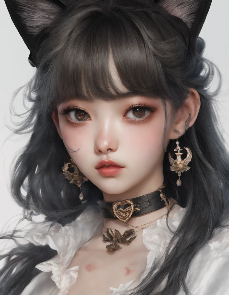 Korean girl, heart-shaped eyes, symbol-shaped pupils, cat ears, anchor choker, entire body image, hair over shoulder, perfect  eyes, Stiletto heels, Perfect skin, ahegao, Surrealism, masterpiece