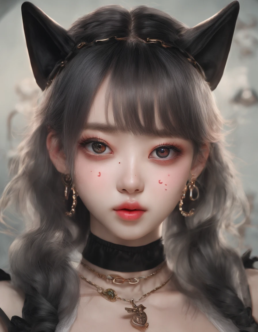 Korean girl, heart-shaped eyes, symbol-shaped pupils, cat ears, anchor choker, entire body image, hair over shoulder, perfect eyes, Stiletto heels, Perfect skin, ahegao, Surrealism, masterpiece