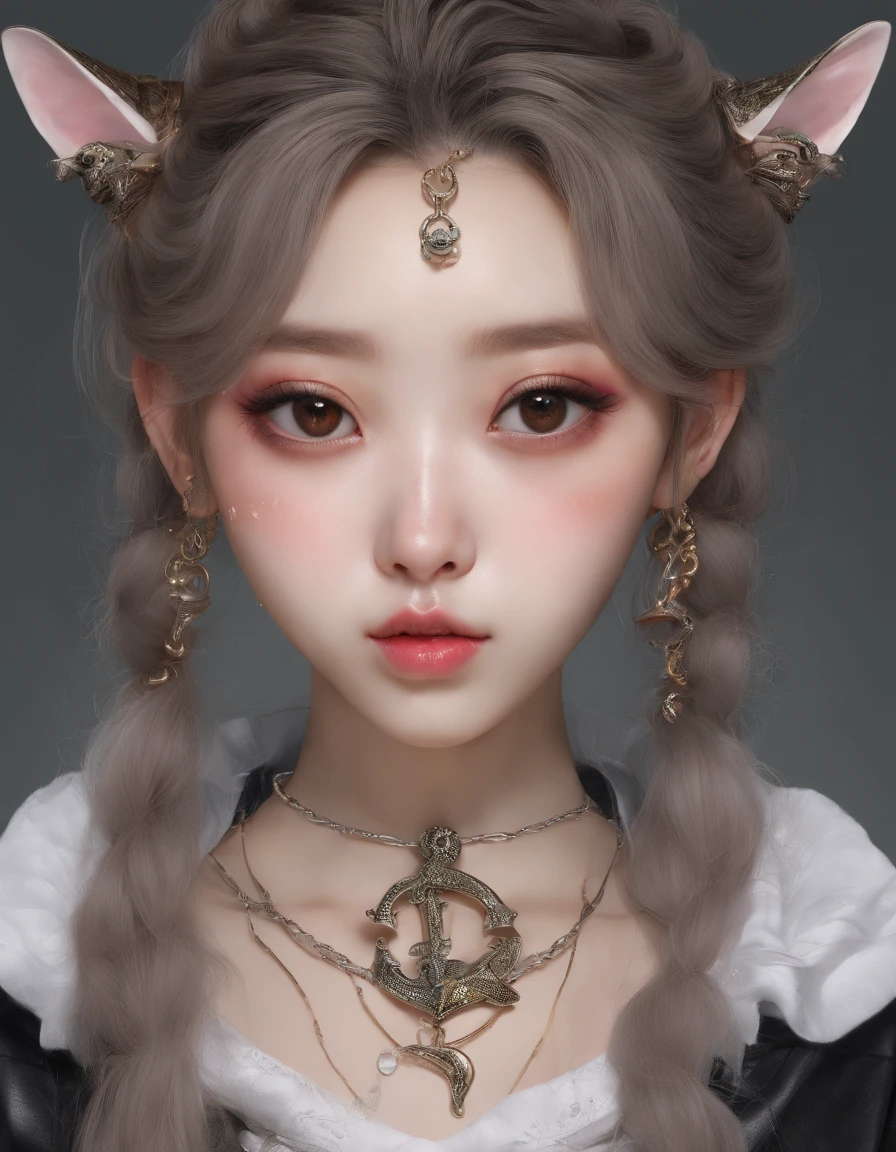 Korean girl, heart-shaped eyes, symbol-shaped pupils, cat ears, anchor choker, entire body image, hair over shoulder, perfect eyes, Stiletto heels, Perfect skin, ahegao, Surrealism, masterpiece