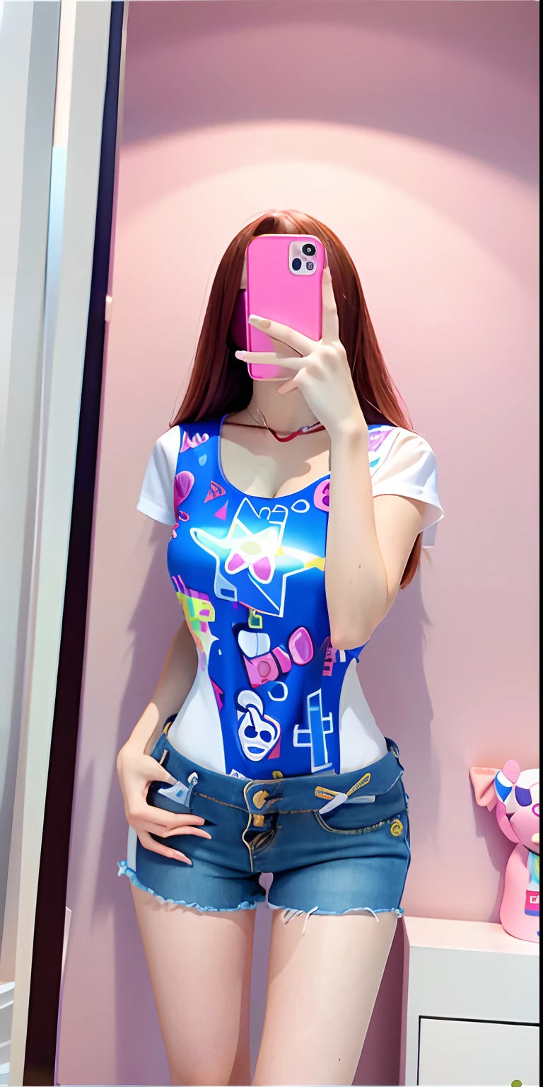 Arapei girl taking a selfie in mirror with her phone, tightsuit, Korean girl, y 2 k cutecore clowncore, Middle metaverse, Open V chest clothes, cute top, cutecore, thin bodysuit, photo of slim girl, photo of slim girl model, kawaii shirt and jeans, tight costume, Tight shirt