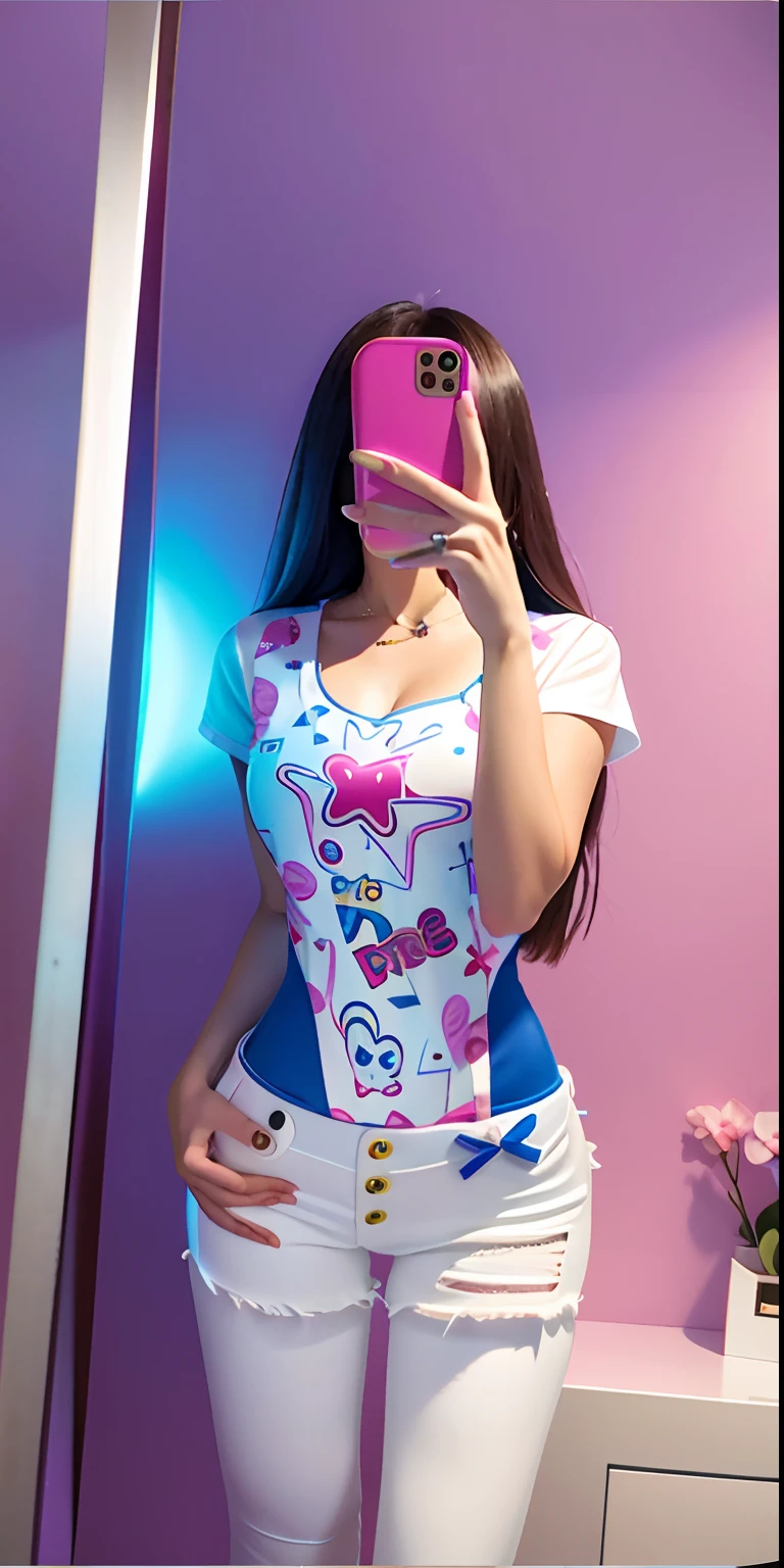 Arapei girl taking a selfie in mirror with her phone, tightsuit, Korean girl, y 2 k cutecore clowncore, Middle metaverse, Open V chest clothes, cute top, cutecore, thin bodysuit, photo of slim girl, photo of slim girl model, kawaii shirt and jeans, tight costume, Tight shirt