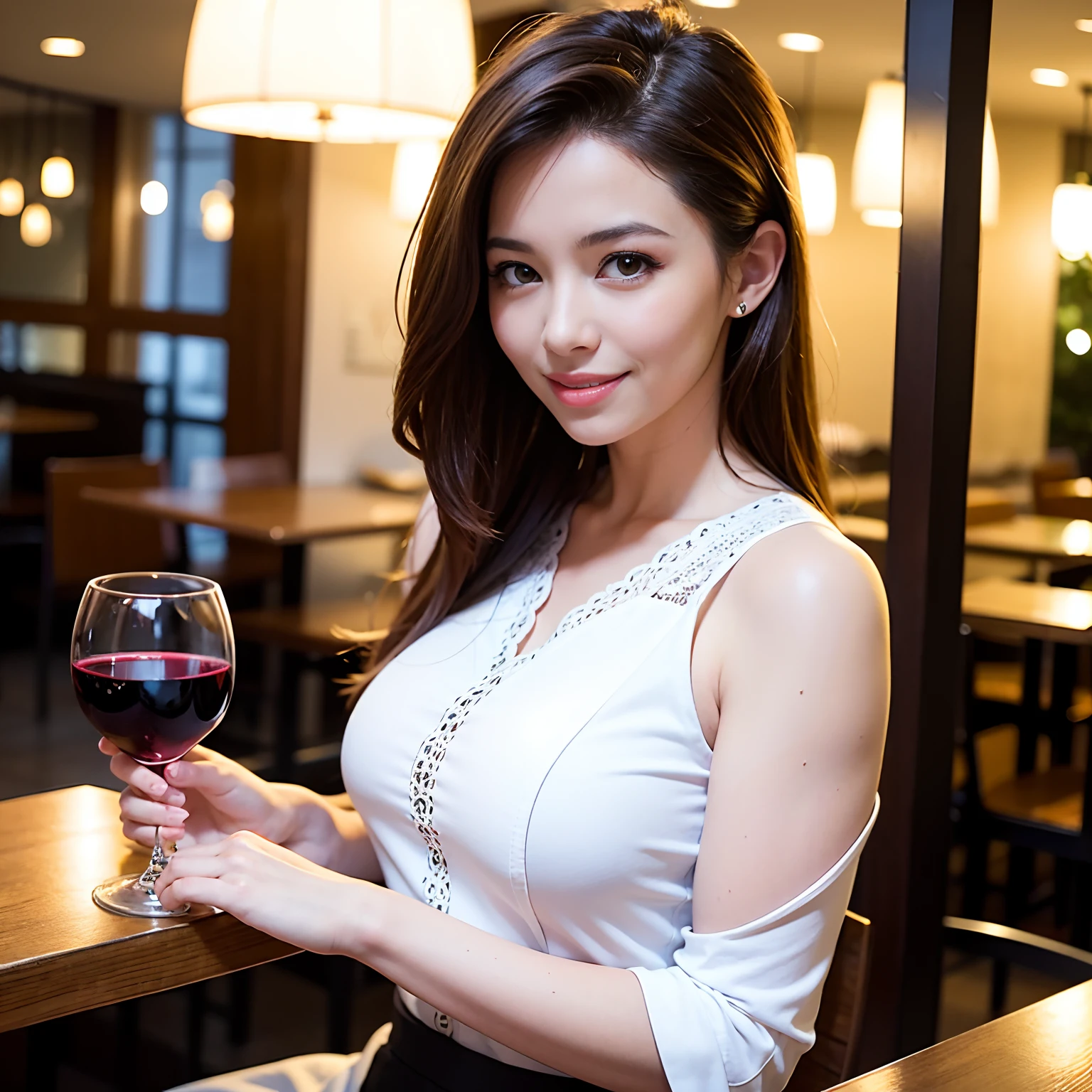 (64K, UHD, top quality, masterpiece: 1.2), (realistic, photorealistic: 1.37), super detailed, pretty woman 1 person, (slim face), (slim body), (brown hair), (short cut), cheeks slightly blushing, (44 years old), 38 years old, solo, beautiful detailed urban night view outside the window, restaurant, wine glasses sit, at night, in a prominent placeNovaFrogStyle, Actress, Model, Waist Up, White Wine, Slim, Wine Glass, Super Clean Night View, Wine Glass Put in the Middle, Happy Smile, (Smile: 1.15), Beautiful Fine Eyes, Upper Body, Bust Japan Up, Night, Short, Short, Actress, Model, Waist Up, White Wine, Slim, Wine Glass, Super Clean Night View, Wine Glass Put in the Middle, Happy Smile,