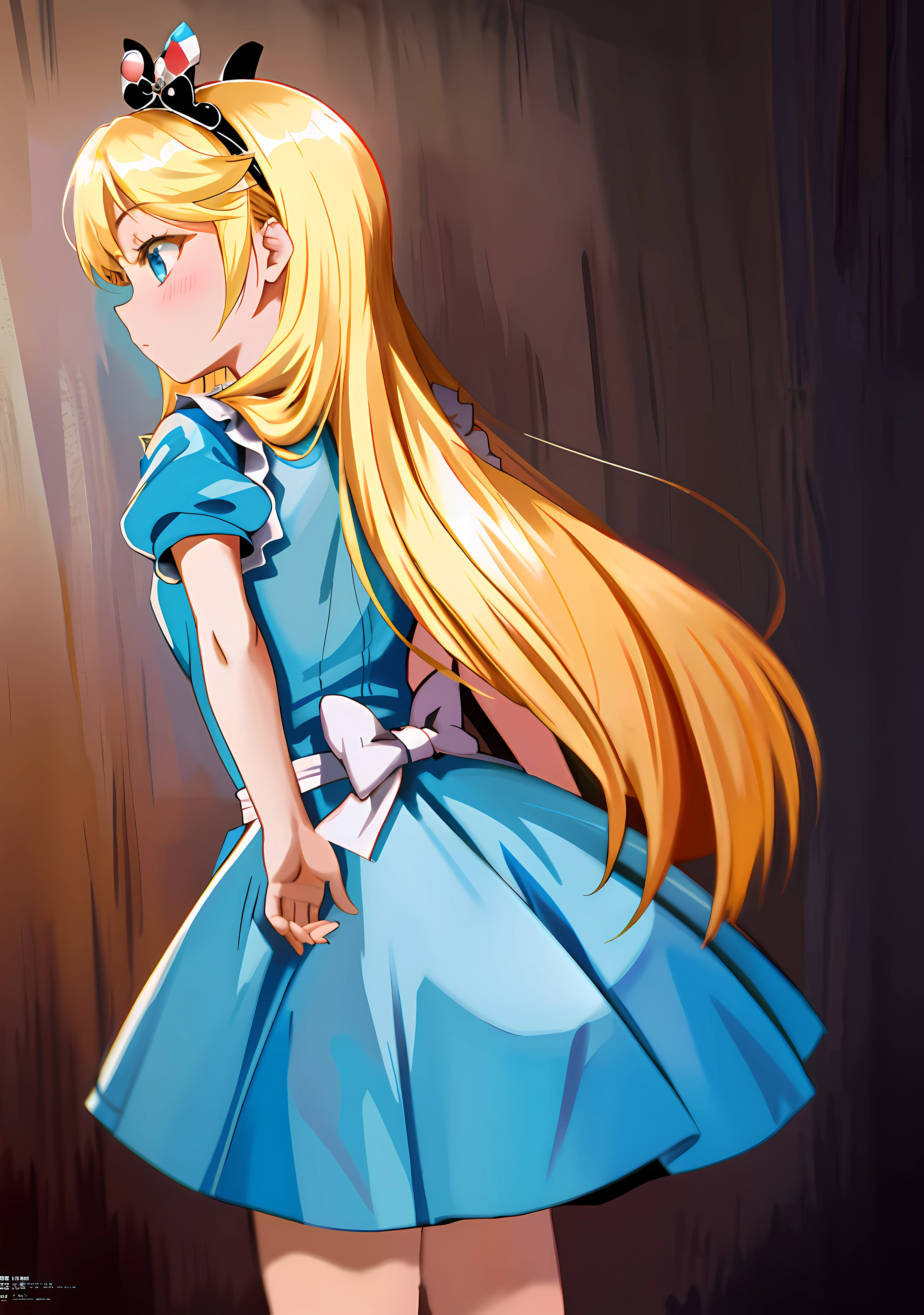 HD picture quality,There is an anime picture,A woman in a blue dress, alice from alice in wonder land, Alice X. zhang, like alice in wonderland, From Alice in Wonderland, li in dress, Anime princess, alice in the wonderland, portrait of alice in wonderland, Alice, alice in the wonderland, alice in wonderland style, blond-haired princess
