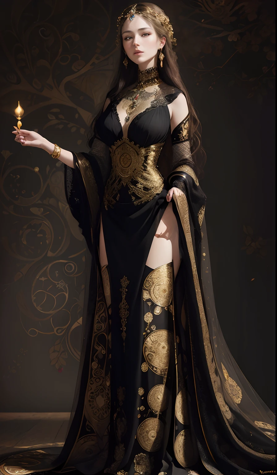 A mesmerizing portrait of a woman, inspired by the artistry of Gustav Klimt. The woman, her features rendered in hyper-realistic detail, is adorned with intricate patterns and motifs reminiscent of Klimt's iconic style. The lighting is soft and diffused, casting a warm glow on her figure and the ornate decorations. The color palette is rich and vibrant, with a focus on golds and jewel tones, a signature of Klimt's work. The composition is carefully balanced, with the woman centrally positioned in the frame. The image is to be generated with a high-resolution 16k, using a virtual 85mm lens, with a focus on sharpness and depth-of-field