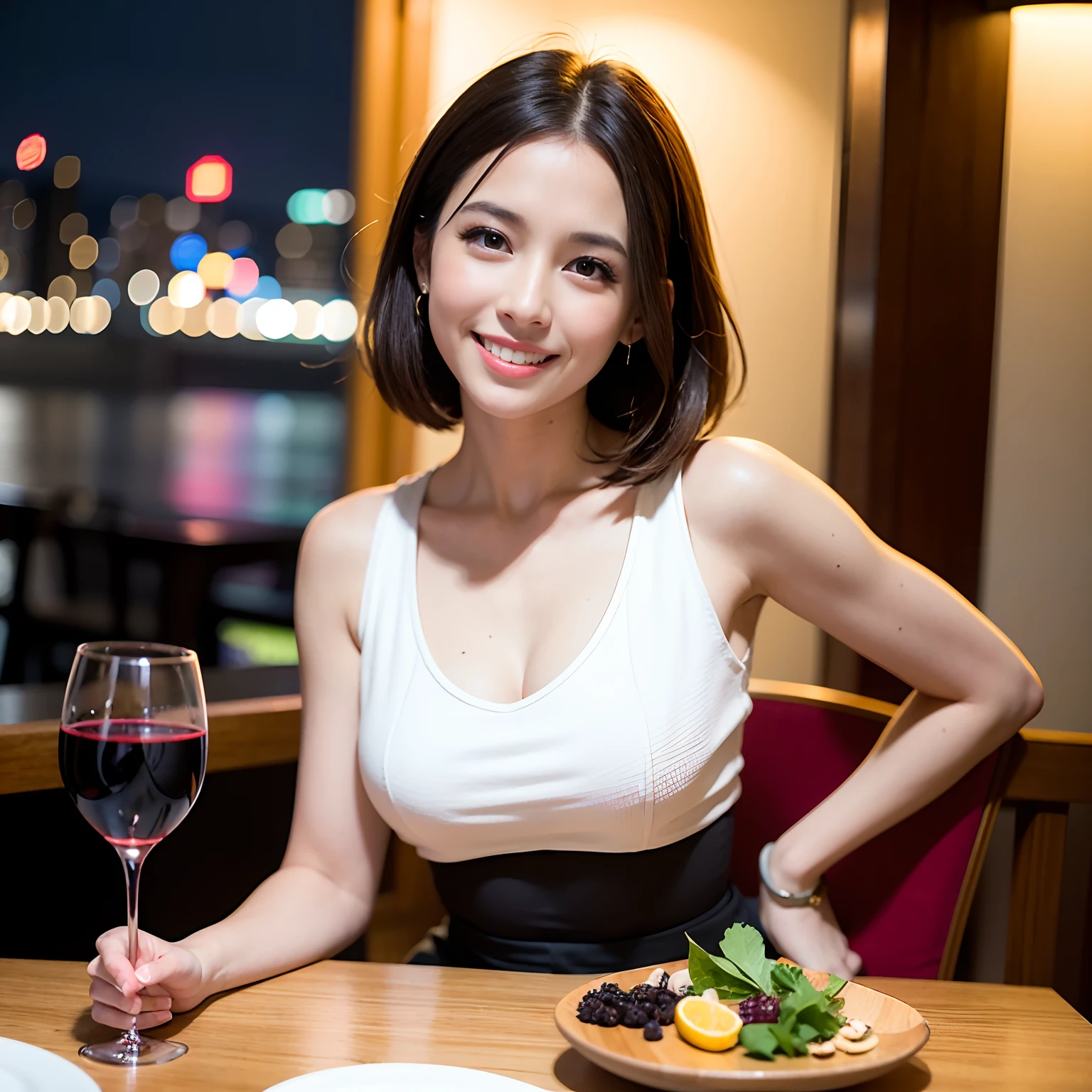 (64K, UHD, top quality, masterpiece: 1.2), (realistic, photorealistic: 1.37), super detailed, pretty woman 1 person, (slim face), (slim body), (brown hair), (short cut), cheeks slightly blushing, (44 years old), 38 years old, solo, beautiful detailed urban night view outside the window, restaurant, wine glasses sit, at night, in a prominent placeNovaFrogStyle, Actress, Model, Waist Up, White Wine, Slim, Wine Glass, Super Clean Night View, Wine Glass Put in the Middle, Happy Smile, (Smile: 1.15), Beautiful Fine Eyes, Upper Body, Bust Japan Up, Night, Short, Short, Actress, Model, Waist Up, White Wine, Slim, Wine Glass, Super Clean Night View, Wine Glass Put in the Middle, Happy Smile,