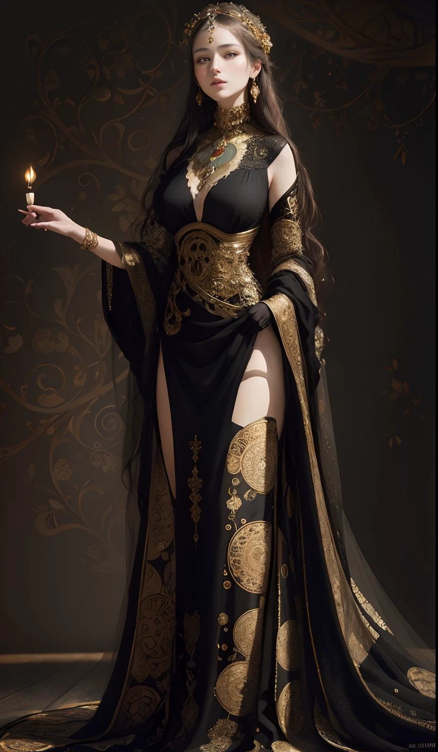 A mesmerizing portrait of a woman, inspired by the artistry of Gustav Klimt. The woman, her features rendered in hyper-realistic detail, is adorned with intricate patterns and motifs reminiscent of Klimt's iconic style. The lighting is soft and diffused, casting a warm glow on her figure and the ornate decorations. The color palette is rich and vibrant, with a focus on golds and jewel tones, a signature of Klimt's work. The composition is carefully balanced, with the woman centrally positioned in the frame. The image is to be generated with a high-resolution 16k, using a virtual 85mm lens, with a focus on sharpness and depth-of-field