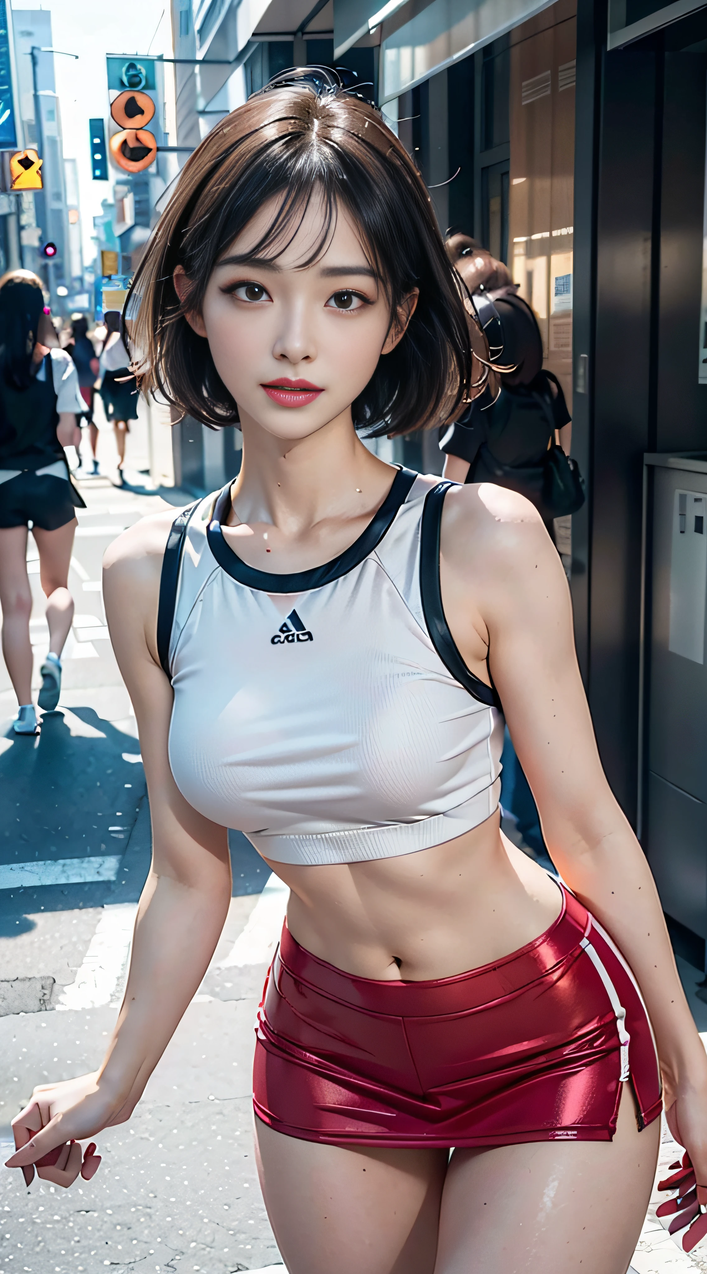 (Top quality),8K,(Masterpiece:1.3),(1 girl:1.3),(Medium breasts:1.3),Realistic,high resolution,Highly detailed face and skin texture,Realistic faces,Original photo,((Beautiful faces:1.5)),(Beautiful woman:1.4),Perfect body proportions,Whitens skin,Shiny skin,((Ultra-detailed face)),The attention to detail,Double eyelids,Eyeshadow strengthening,Eye of detail,Professional lighting,Cinematic lighting,Focus sharp,((Sporty style)),((Light, brightly colored clothing)),Brightly colored T-shirt,Short skirt,((Lively,Active,vivaciousness)),((Panties)),((Exposing thighs)),(Erotic:1.3),On the street