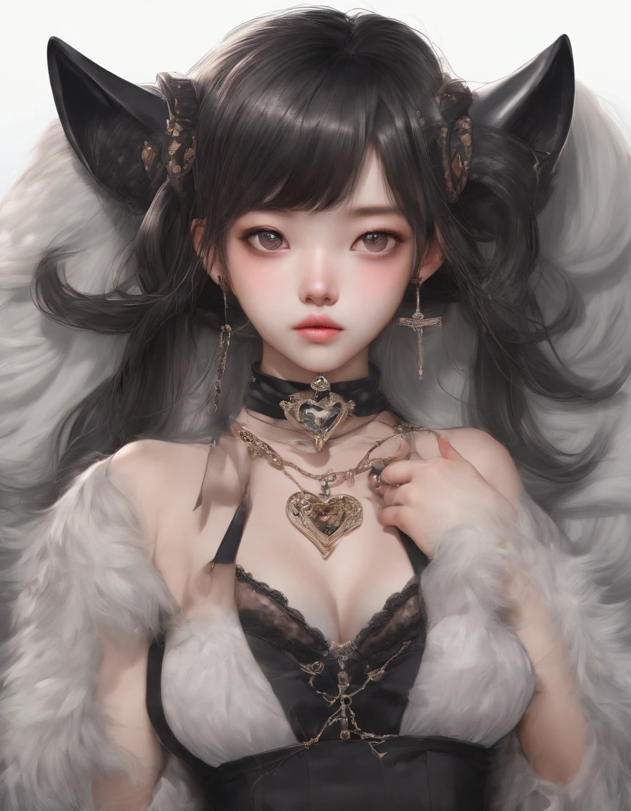 Korean girl, heart-shaped eyes, symbol-shaped pupils, cat ears, anchor choker, entire body image, hair over shoulder, perfect  eyes, Stiletto heels, Perfect skin, ahegao, Surrealism, masterpiece